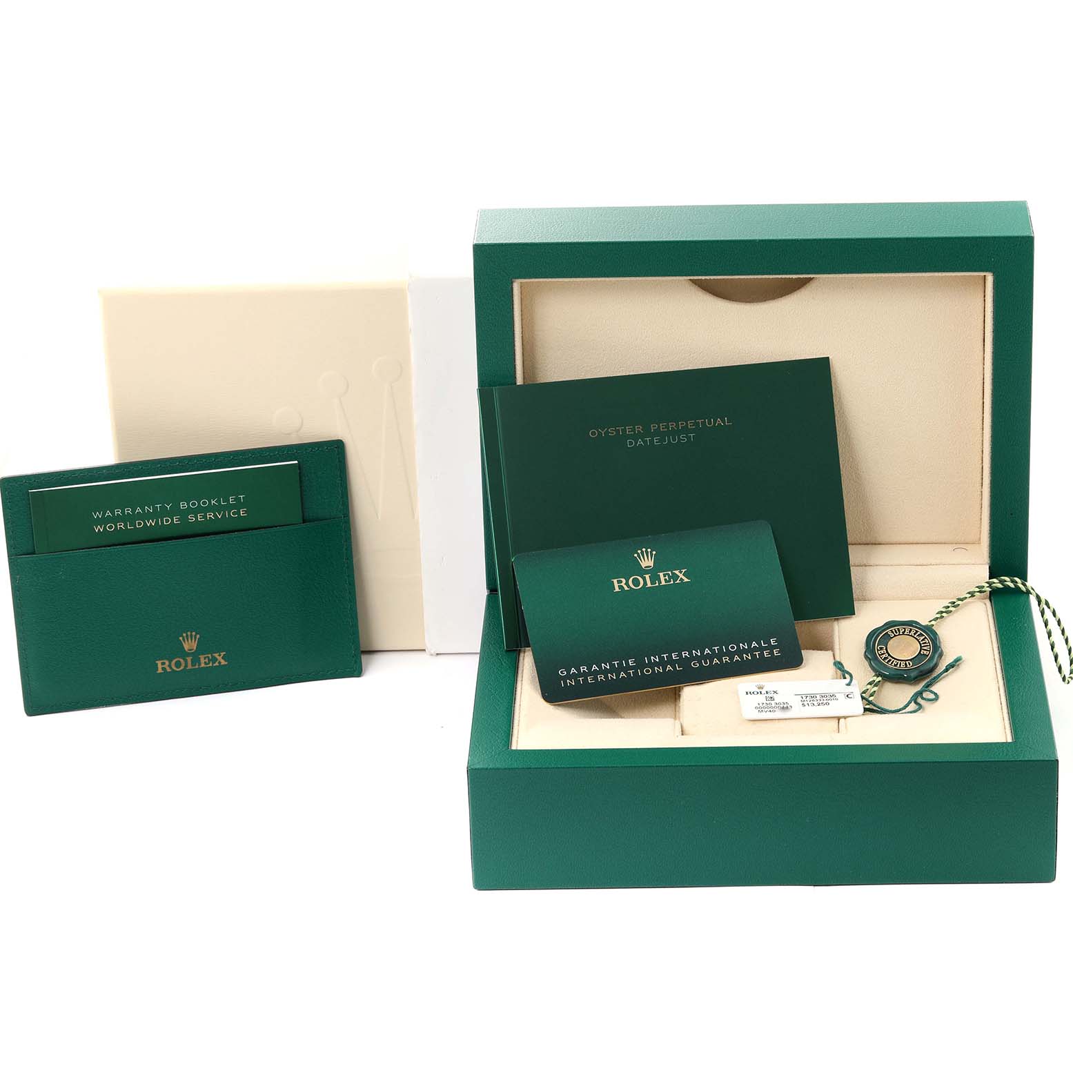 The image shows the packaging, warranty booklet, guarantee card, and accessories for a Rolex Datejust 41 126333 Men's Steel and Gold (two tone) Champagne Dial 126333 Men's Steel and Gold (two tone) Champagne Dial watch.