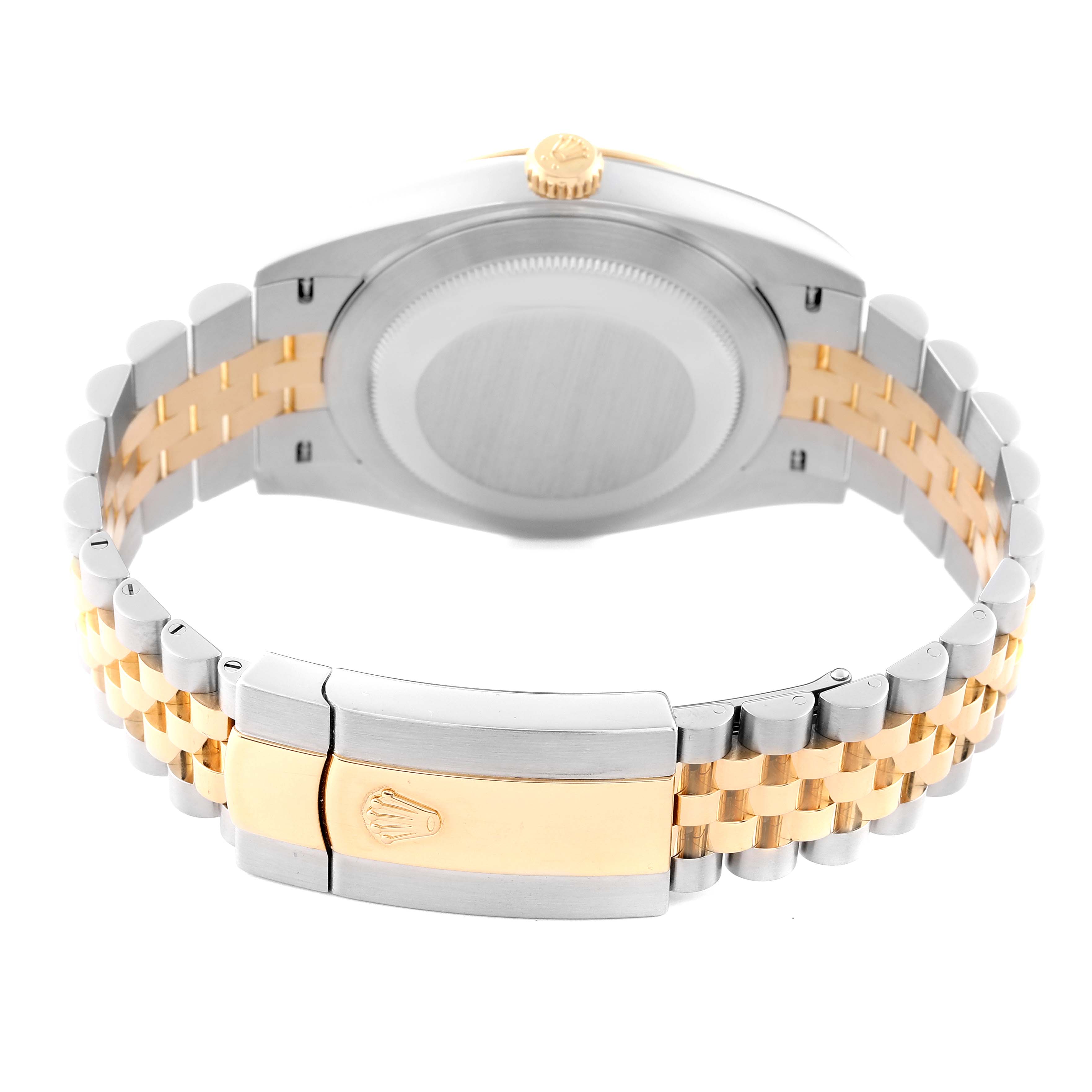 This image shows the back view of the Rolex Datejust 41 126333 Men's Steel and Gold (two tone) Champagne Dial 126333 Men's Steel and Gold (two tone) Champagne Dial watch, including its case back and two-tone bracelet with the clasp.
