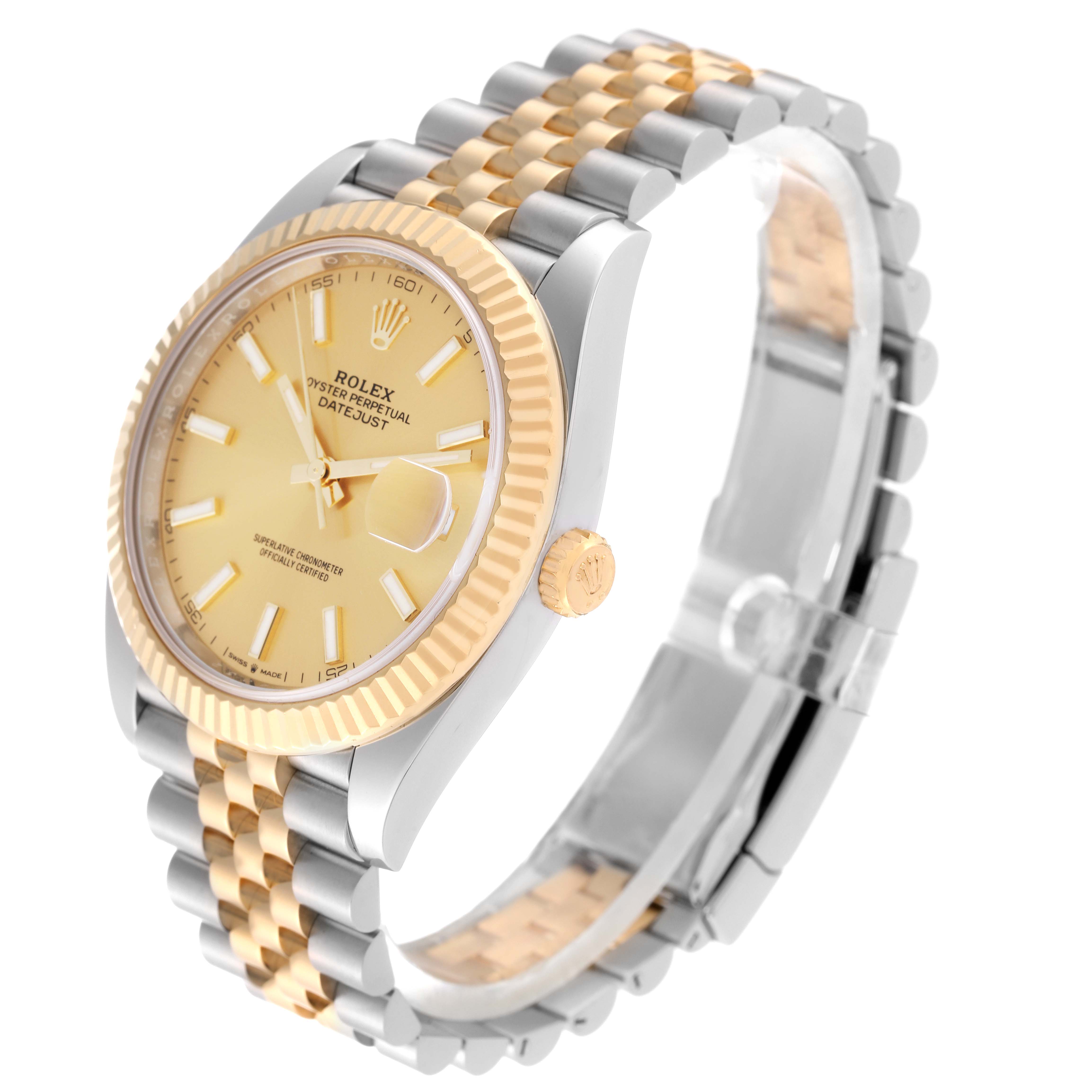 This image shows a side angle of the Rolex Datejust 41 126333 Men's Steel and Gold (two tone) Champagne Dial 126333 Men's Steel and Gold (two tone) Champagne Dial watch, highlighting the bracelet, crown, and face.