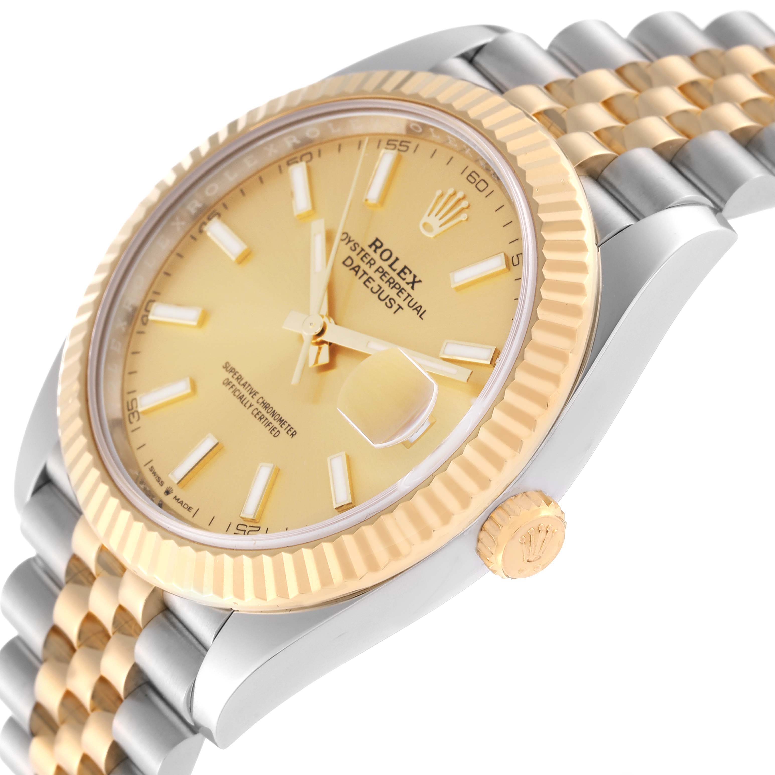 The image shows a close-up angle of the face, bezel, crown, and bracelet of a Rolex Datejust 41 126333 Men's Steel and Gold (two tone) Champagne Dial 126333 Men's Steel and Gold (two tone) Champagne Dial.