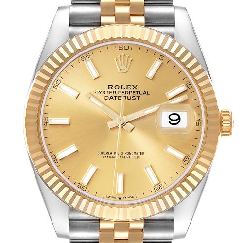 The image shows a front view of the Rolex Datejust 41 watch, highlighting its gold dial, fluted bezel, and two-tone bracelet.