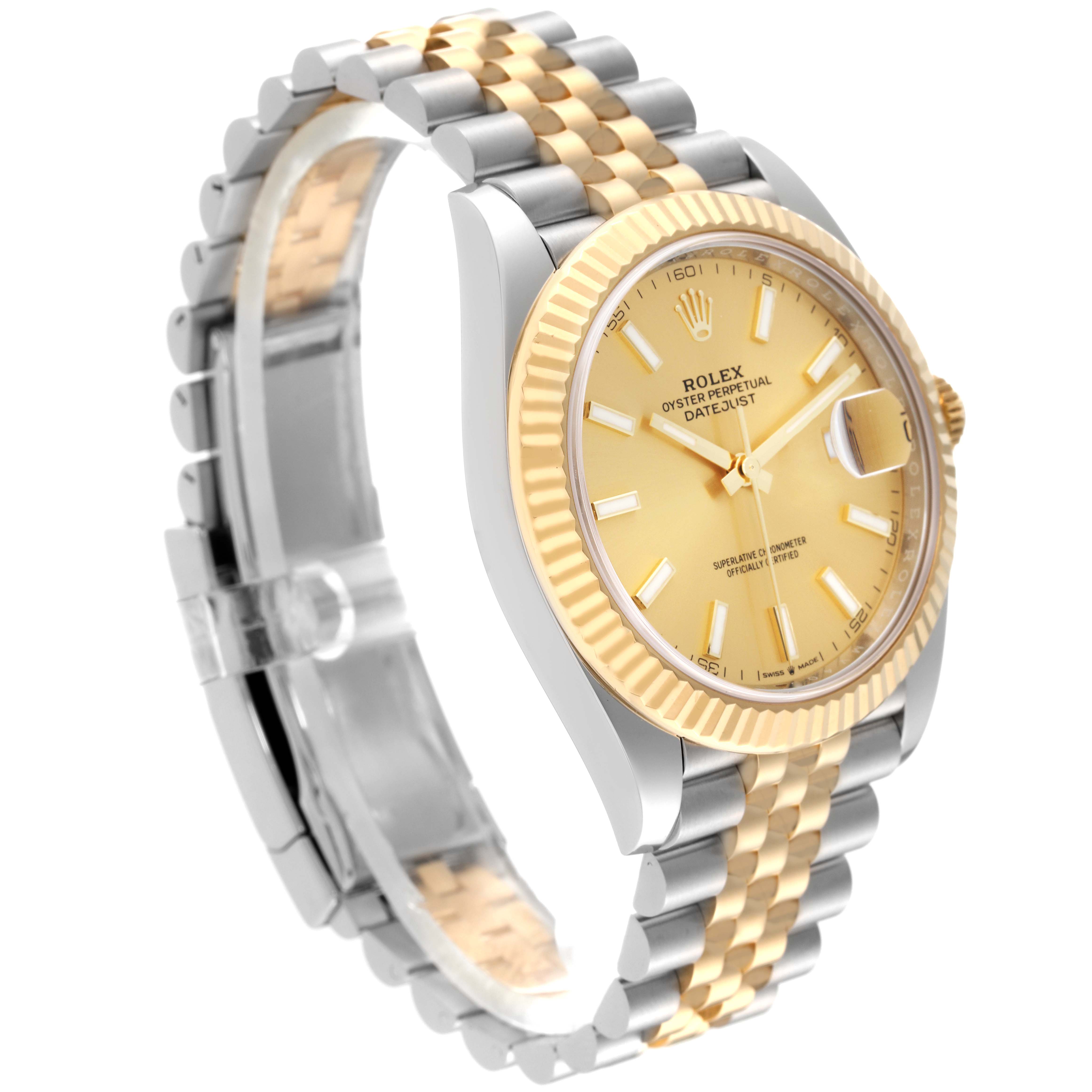 The Rolex Datejust 41 126333 Men's Steel and Gold (two tone) Champagne Dial 126333 Men's Steel and Gold (two tone) Champagne Dial model is shown at an angled side view, displaying its two-tone bracelet, gold fluted bezel, and champagne dial.