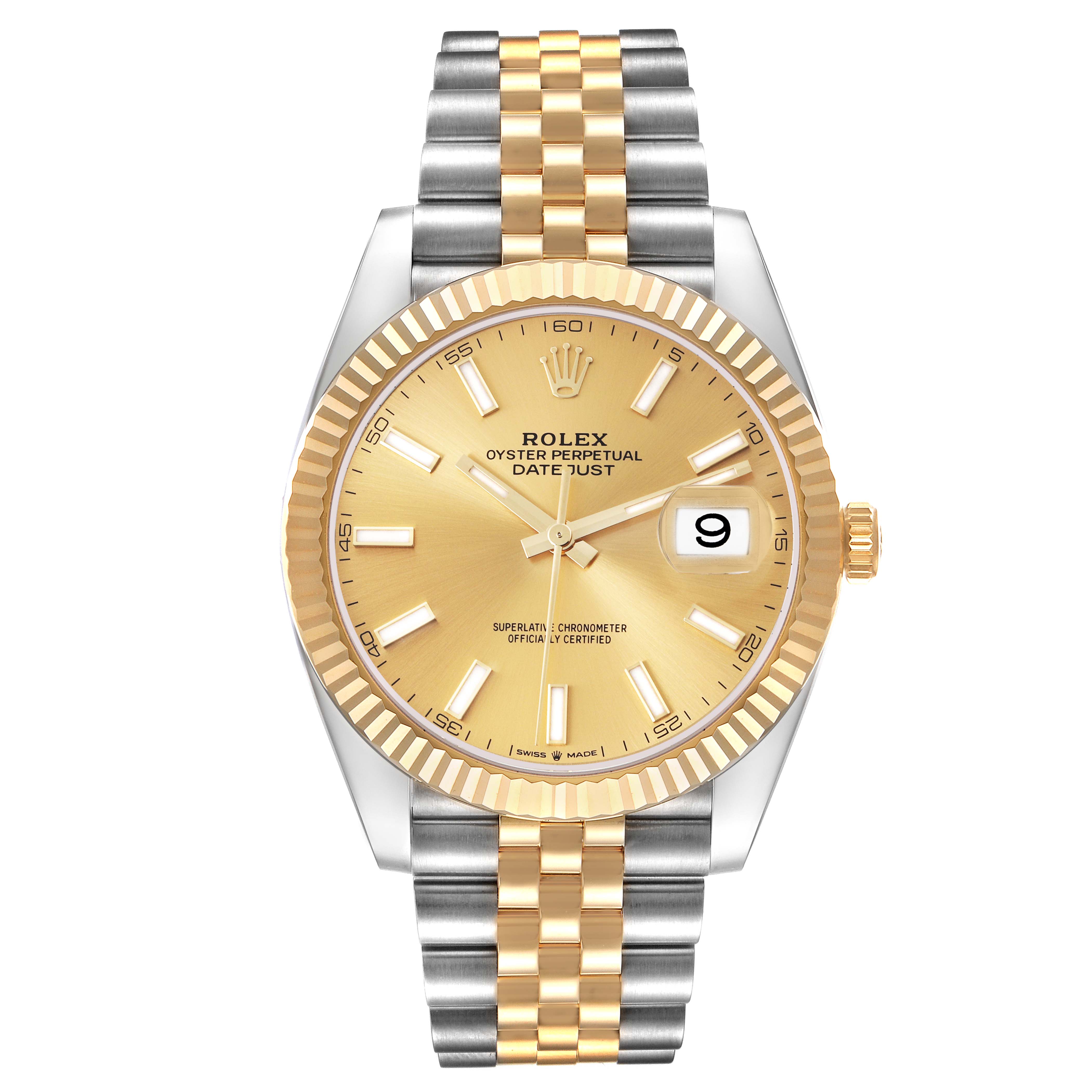This image shows a frontal view of the Rolex Datejust 41 126333 Men's Steel and Gold (two tone) Champagne Dial 126333 Men's Steel and Gold (two tone) Champagne Dial watch, displaying its golden dial, two-tone bracelet, and fluted bezel.