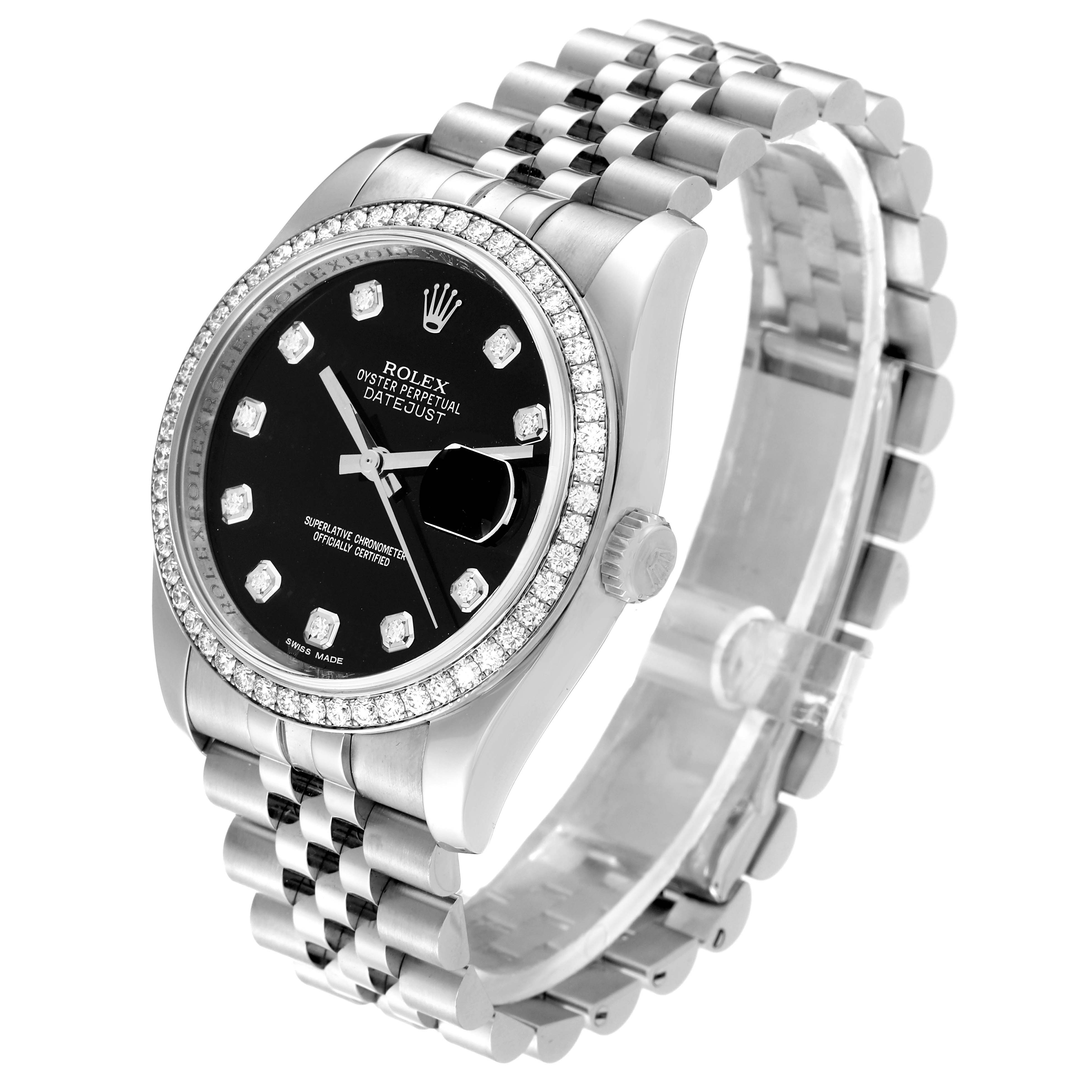 This image shows a Rolex Datejust 116244 Men
s Stainless Steel Black Dial 116244 Men
s Stainless Steel Black Dial watch angled to display its dial, crown, bezel, and Jubilee bracelet.