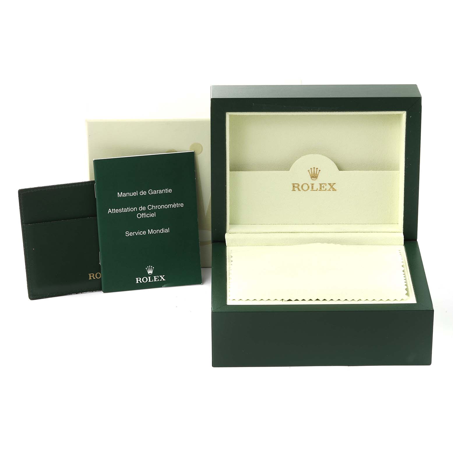 The image shows the accessories for a Rolex Datejust 116244 Men
s Stainless Steel Black Dial 116244 Men
s Stainless Steel Black Dial model, including the box, warranty cards, and manuals from a front angle.