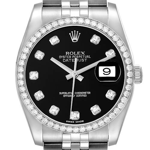 The image shows a front view of a Rolex Datejust watch, highlighting its black dial, diamond bezel, and date window.