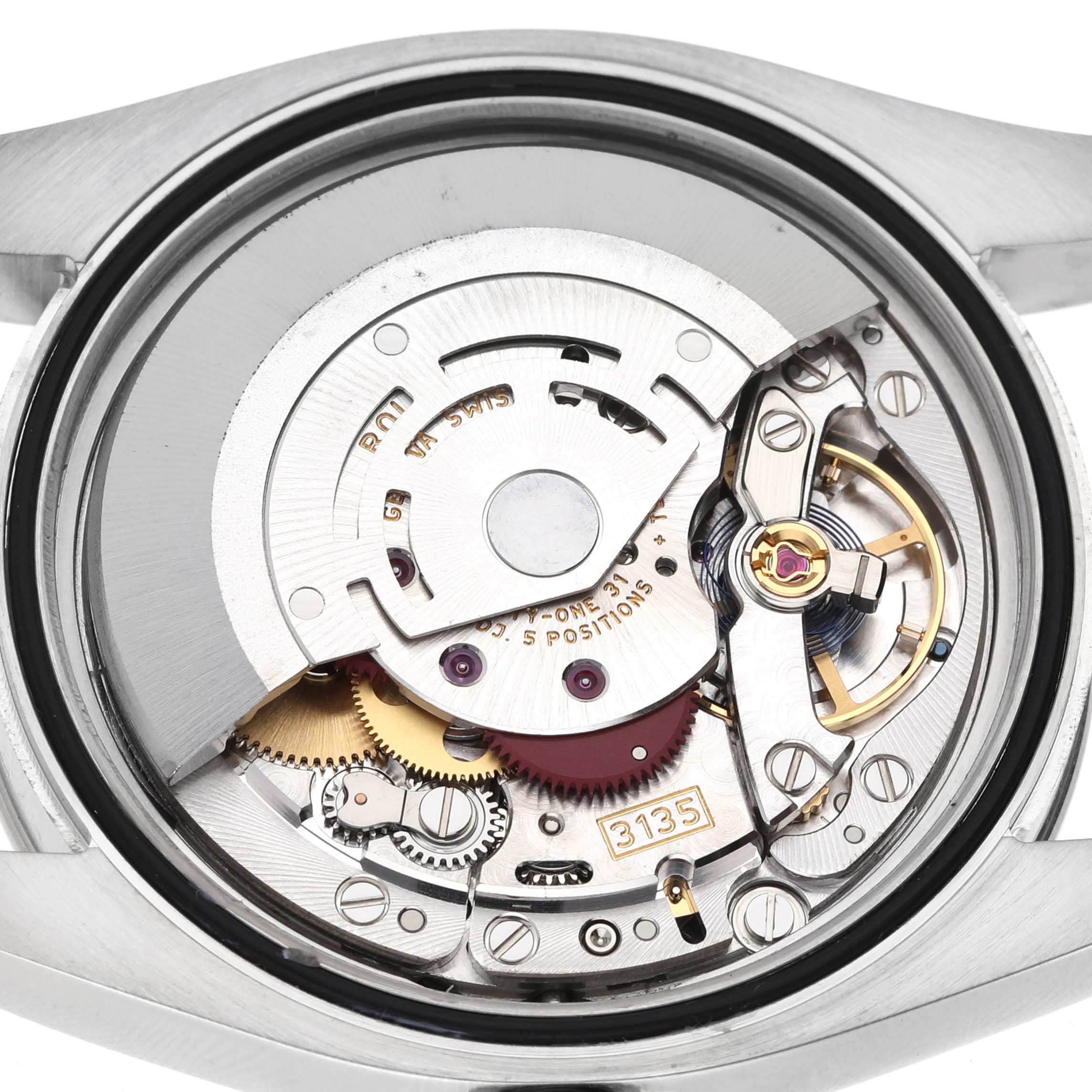 This image shows the internal mechanism of a Rolex Datejust 116244 Men
s Stainless Steel Black Dial 116244 Men
s Stainless Steel Black Dial, viewed from the back, revealing the intricate movement details.