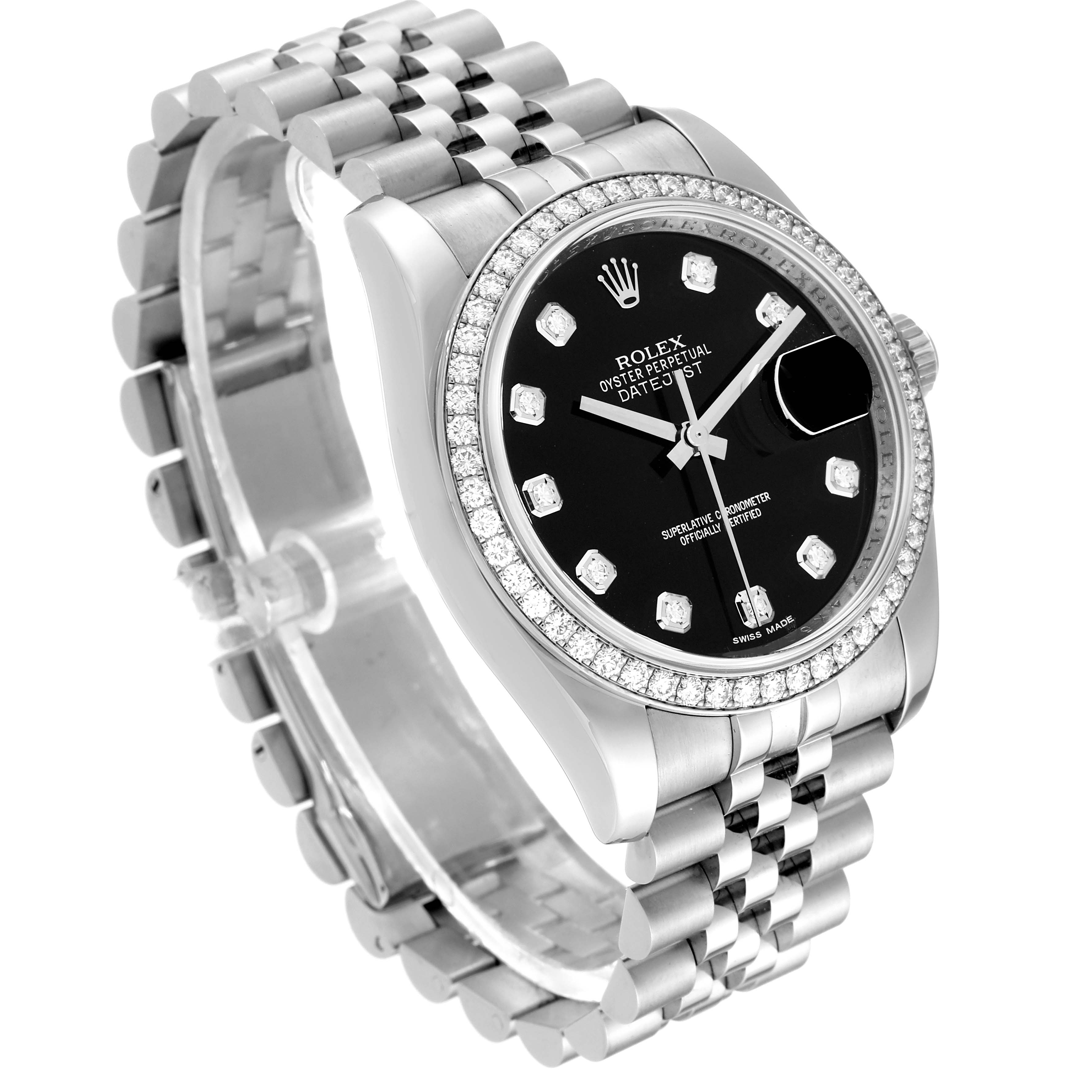 The image shows a Rolex Datejust 116244 Men
s Stainless Steel Black Dial 116244 Men
s Stainless Steel Black Dial watch at a 3/4 angle, highlighting the dial, bezel, case, and bracelet.