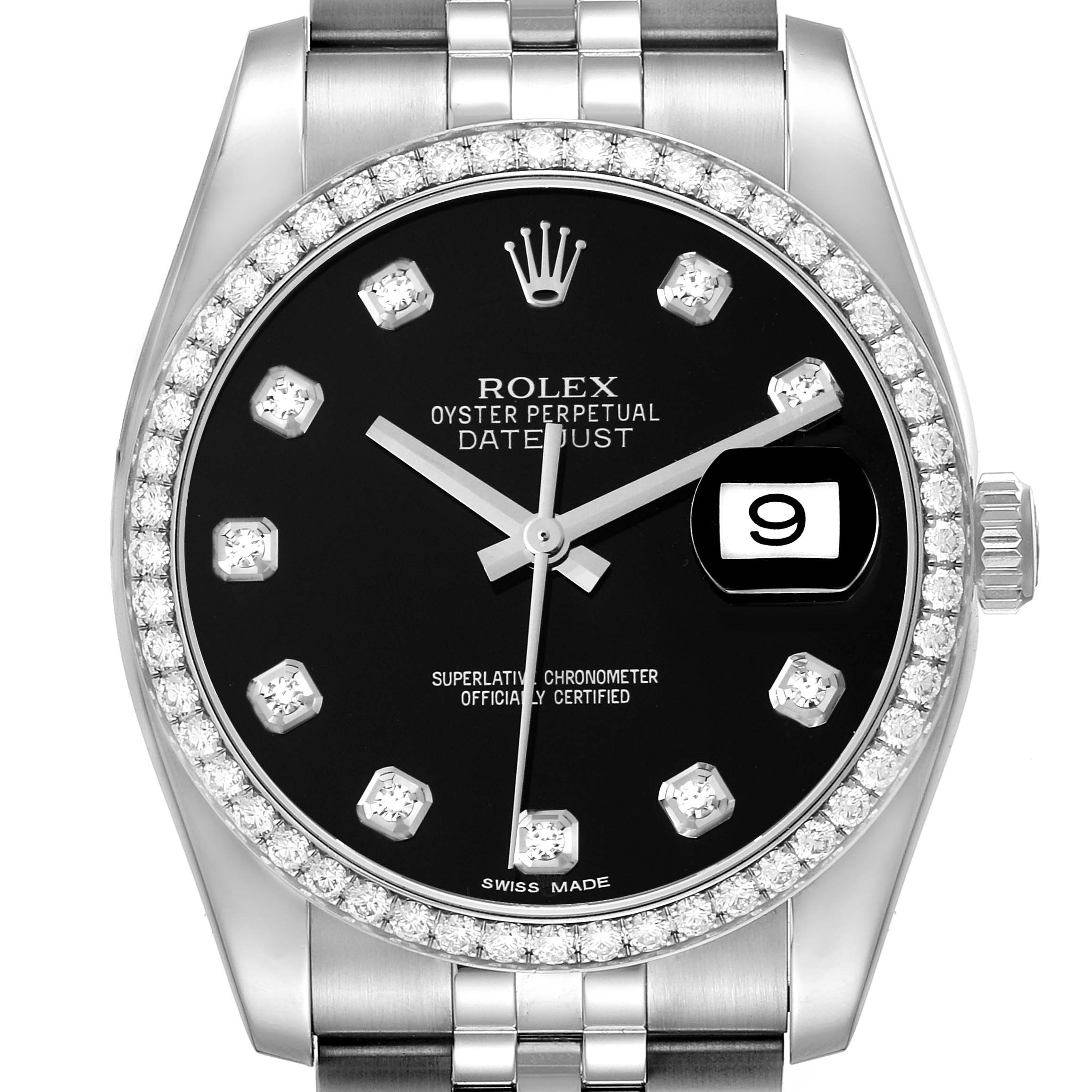This image of a Rolex Datejust 116244 Men
s Stainless Steel Black Dial 116244 Men
s Stainless Steel Black Dial model watch shows a front view highlighting the dial, bezel, and part of the bracelet.