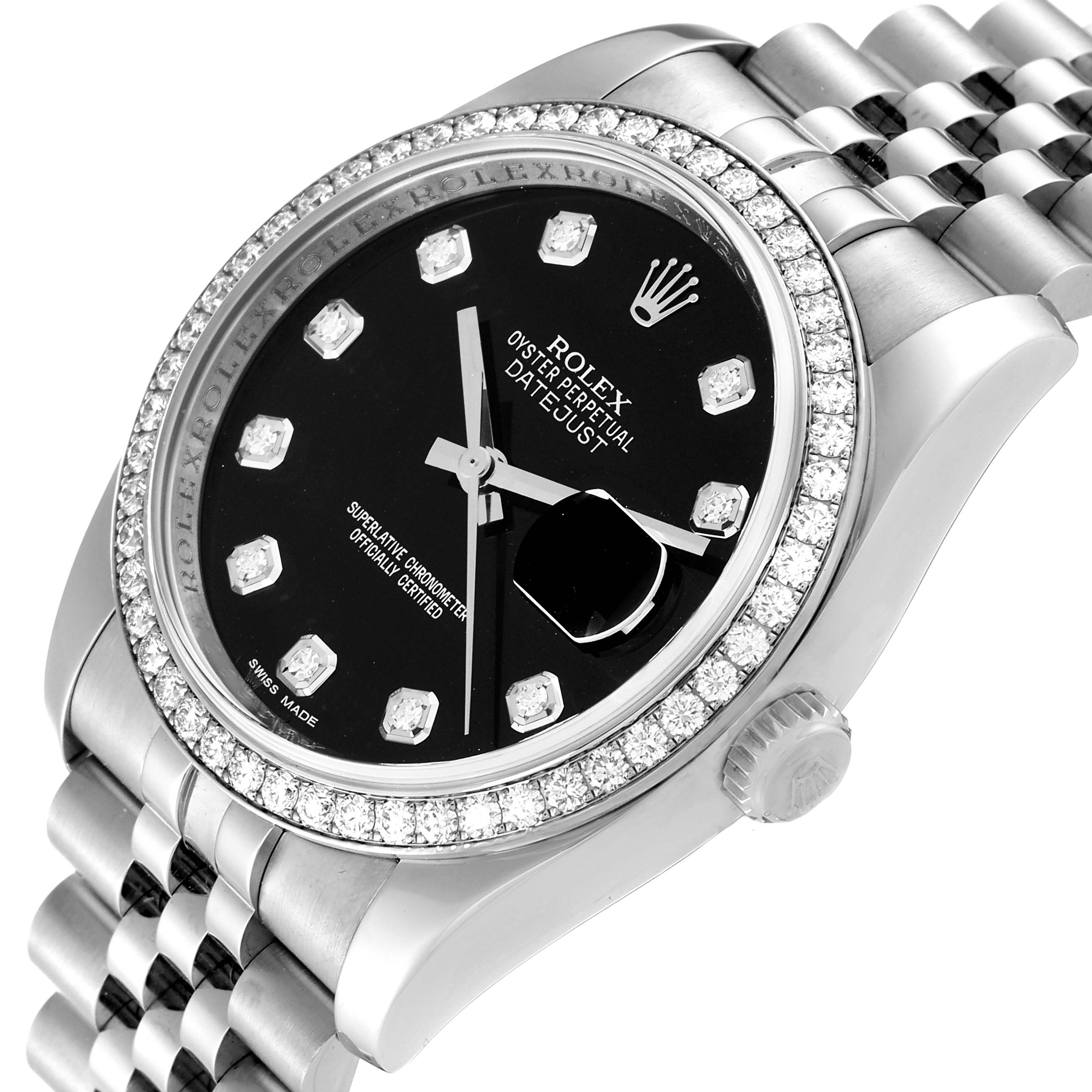 The Rolex Datejust 116244 Men
s Stainless Steel Black Dial 116244 Men
s Stainless Steel Black Dial watch is shown at an oblique angle, focusing on the diamond-set bezel and black dial with date magnifier.