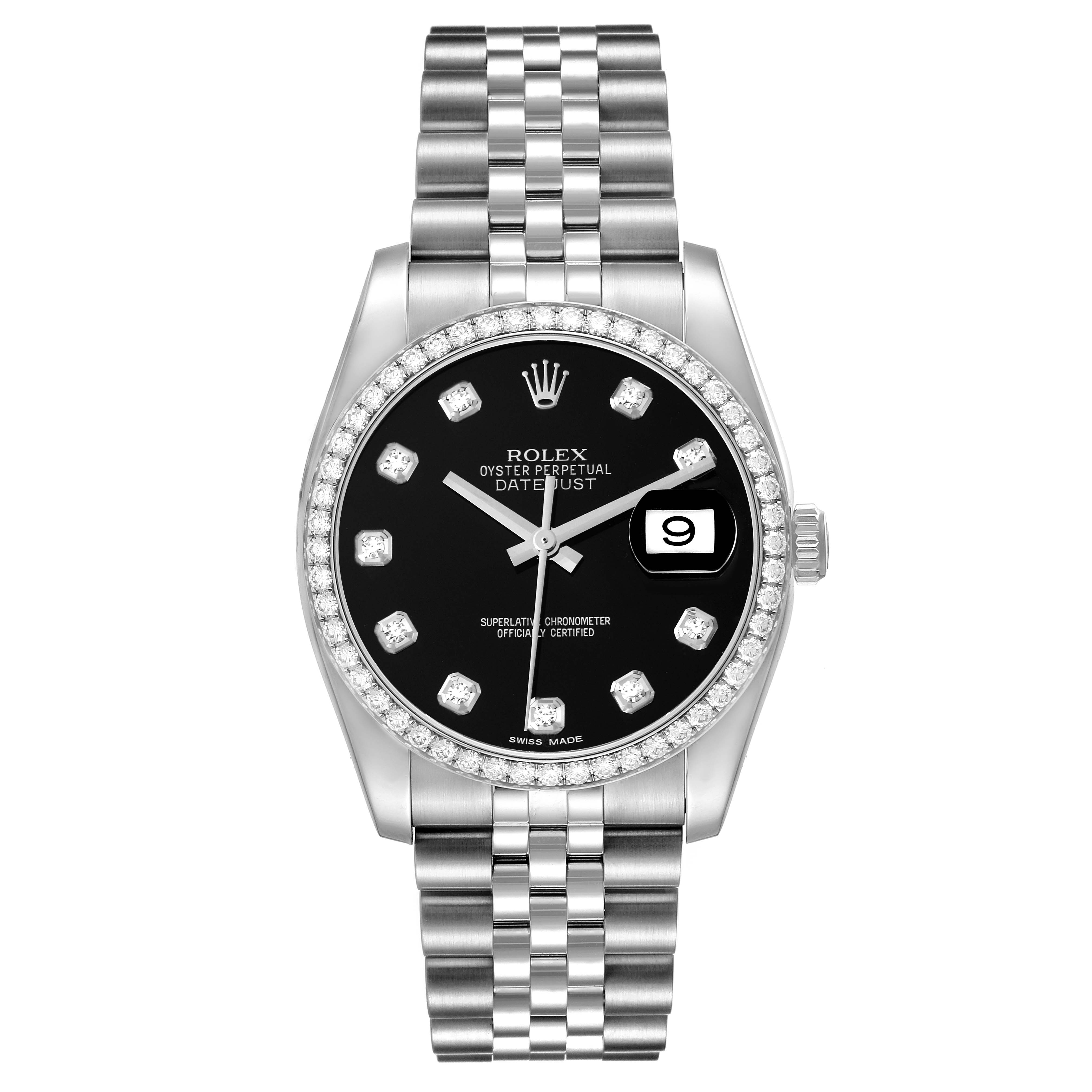 This is a front view of a Rolex Datejust 116244 Men
s Stainless Steel Black Dial 116244 Men
s Stainless Steel Black Dial watch, showing the dial, bezel, crown, and bracelet.