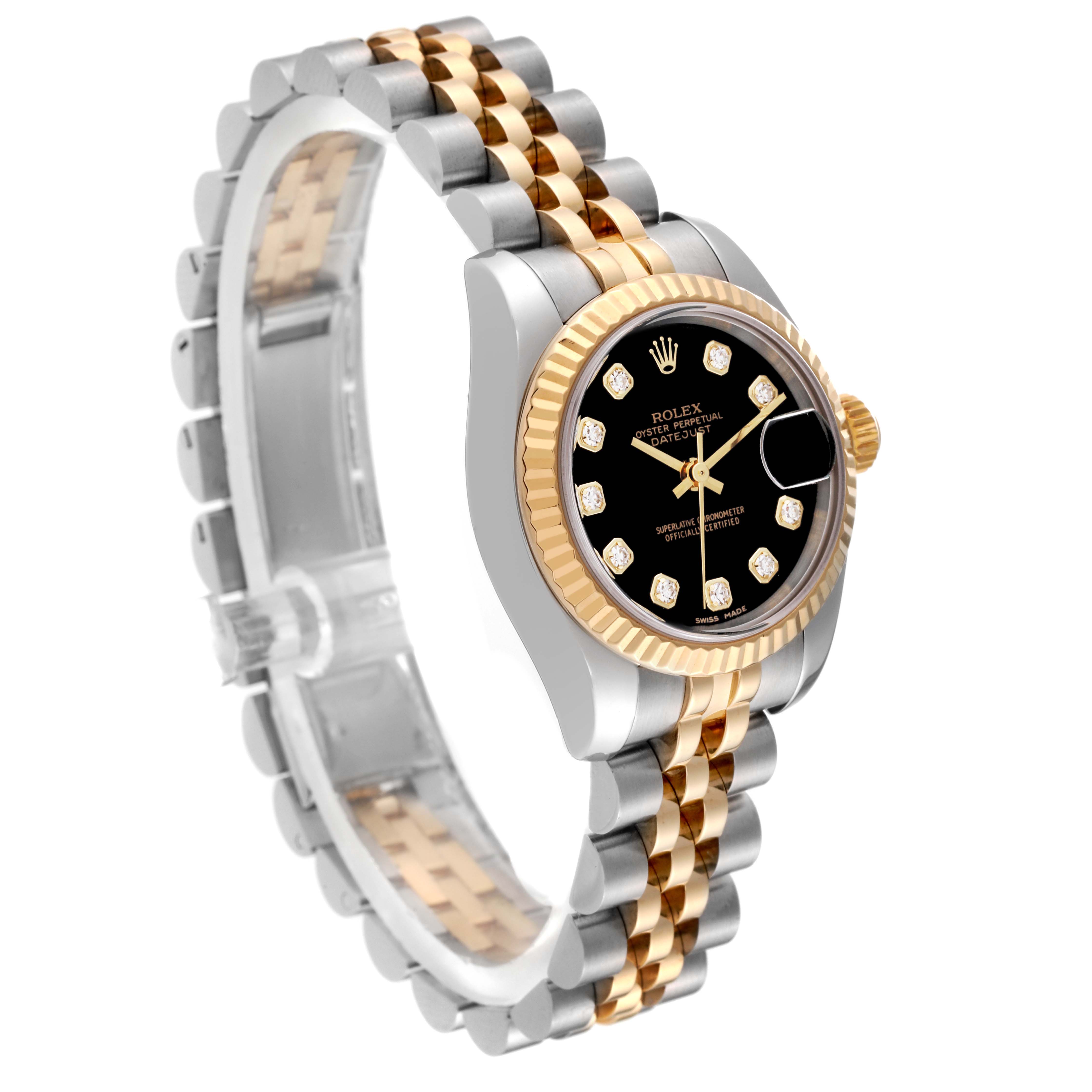 The image shows the Rolex Datejust 179173 Women's Steel and Gold (two tone) Black Dial 179173 Women's Steel and Gold (two tone) Black Dial watch at a 3/4 angle, highlighting the dial, bezel, and two-tone Jubilee bracelet.