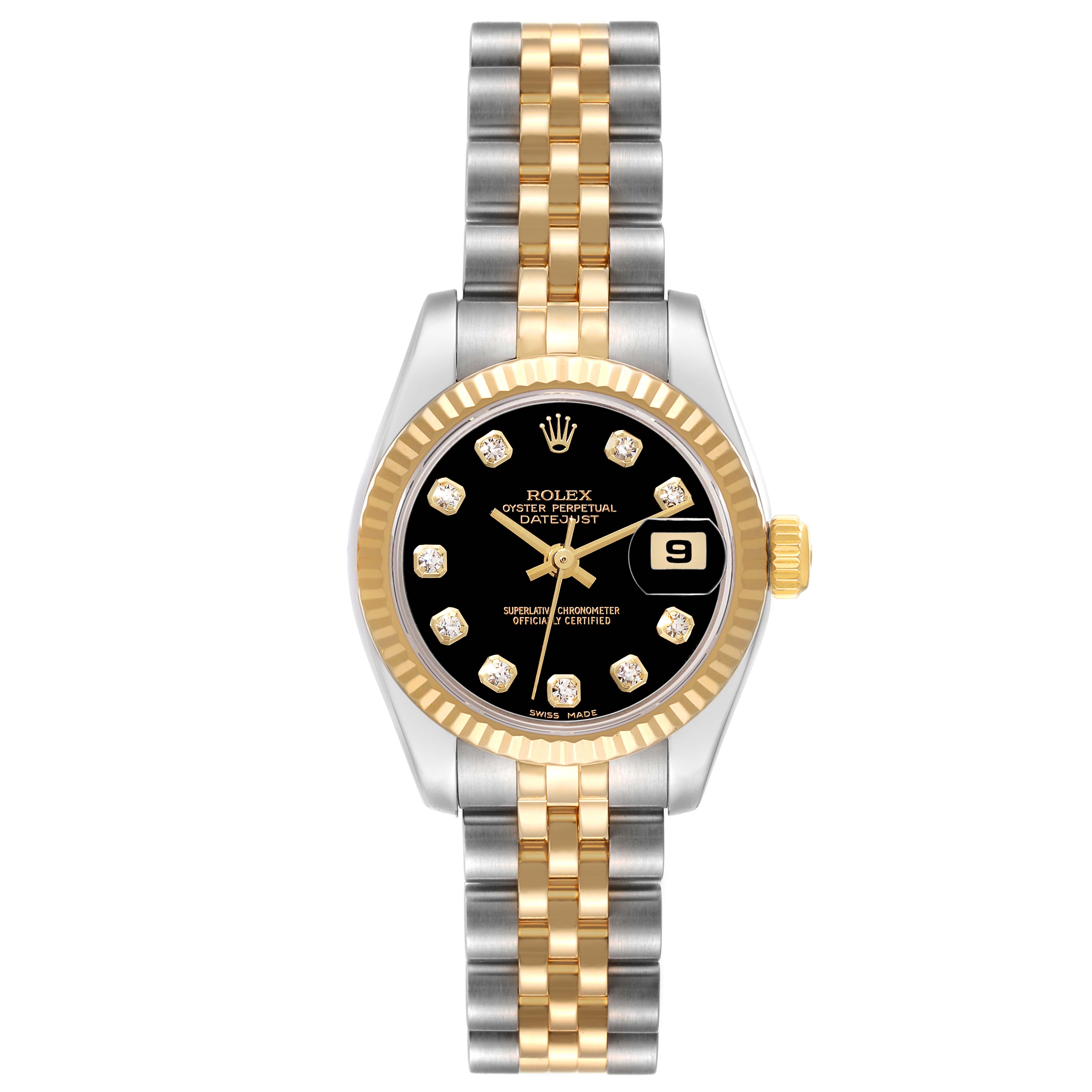 This is a front-facing view of a Rolex Datejust 179173 Women's Steel and Gold (two tone) Black Dial 179173 Women's Steel and Gold (two tone) Black Dial watch, showing its two-tone bracelet, black dial, diamond hour markers, and date display.