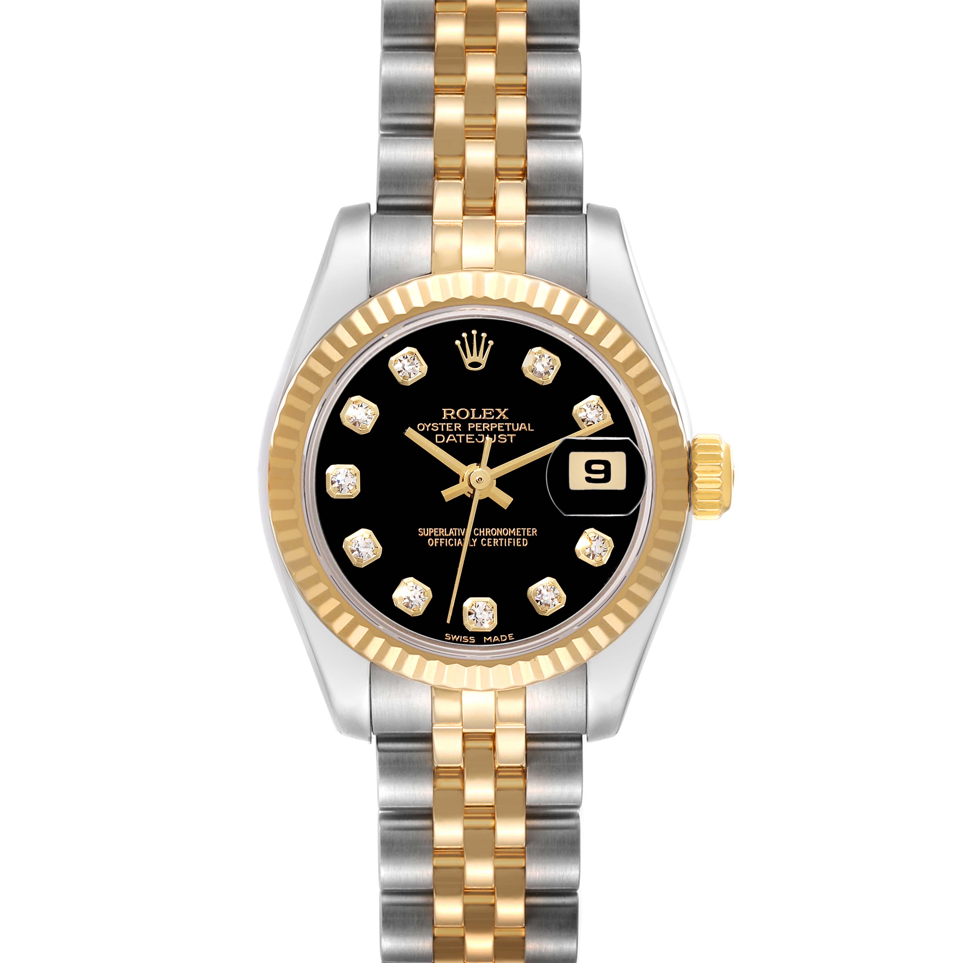 The image shows a front view of a Rolex Datejust 179173 Women's Steel and Gold (two tone) Black Dial 179173 Women's Steel and Gold (two tone) Black Dial watch, highlighting its black dial, diamond hour markers, and two-tone bracelet.