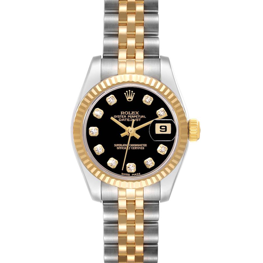 The image shows a front view of a Rolex Datejust watch, highlighting its black dial, diamond hour markers, and two-tone bracelet.