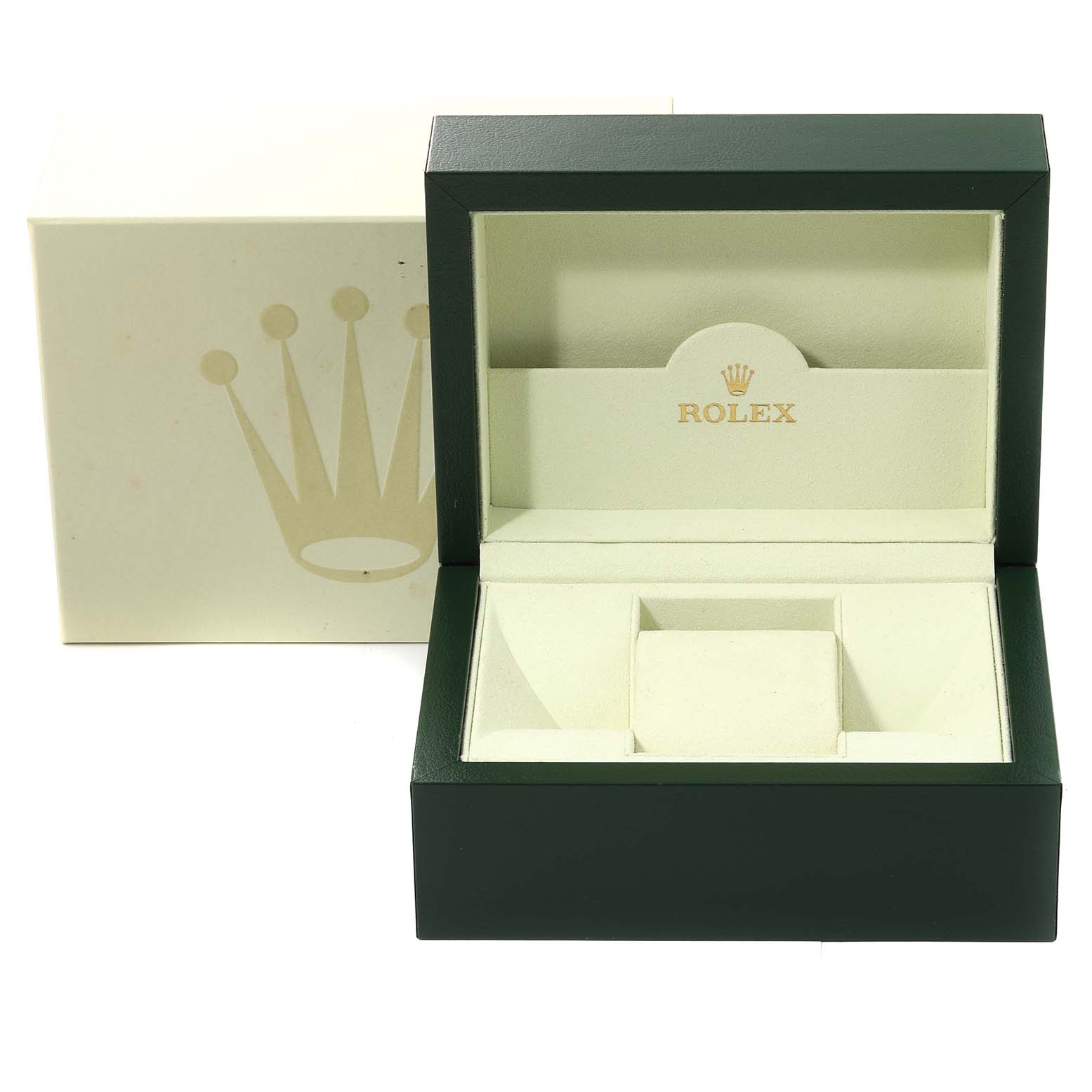 The image shows an empty green and cream box for a Rolex Datejust 179173 Women's Steel and Gold (two tone) Black Dial 179173 Women's Steel and Gold (two tone) Black Dial watch, with a separate cream outer box behind it.