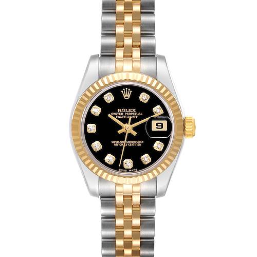 This image shows a front view of a Rolex Datejust watch with a black dial, gold bezel, and two-tone bracelet.