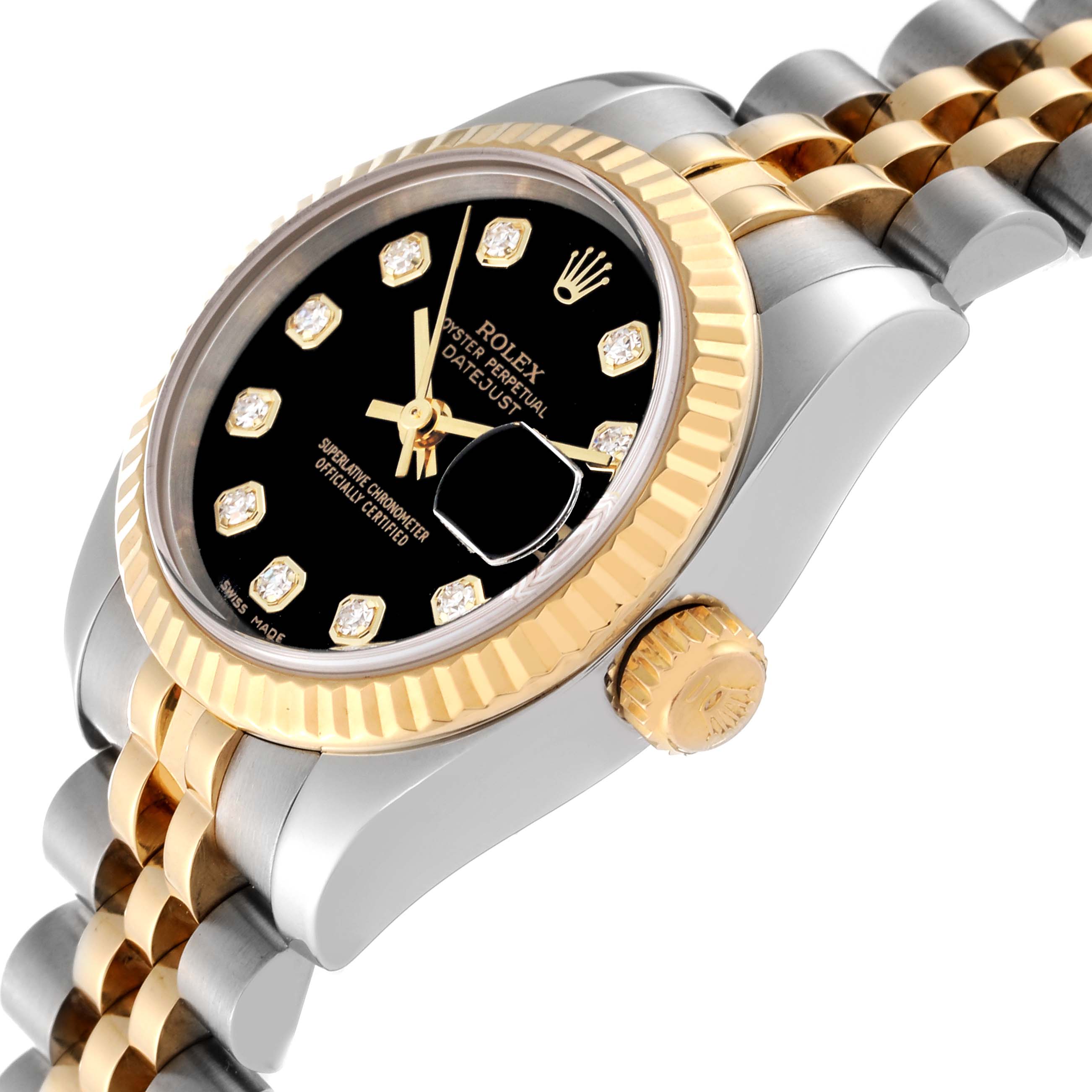 The image shows a Rolex Datejust 179173 Women's Steel and Gold (two tone) Black Dial 179173 Women's Steel and Gold (two tone) Black Dial watch at an angled side view, highlighting the gold bezel, black dial, crown, and bracelet.