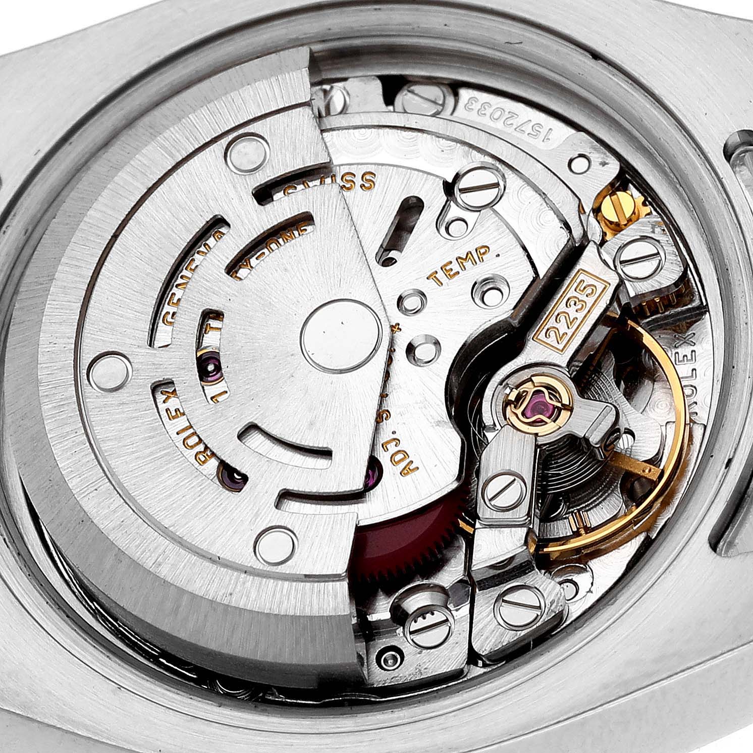 The image shows the intricate internal movement mechanism of the Rolex Datejust 179173 Women's Steel and Gold (two tone) Black Dial 179173 Women's Steel and Gold (two tone) Black Dial watch at a close-up angle.