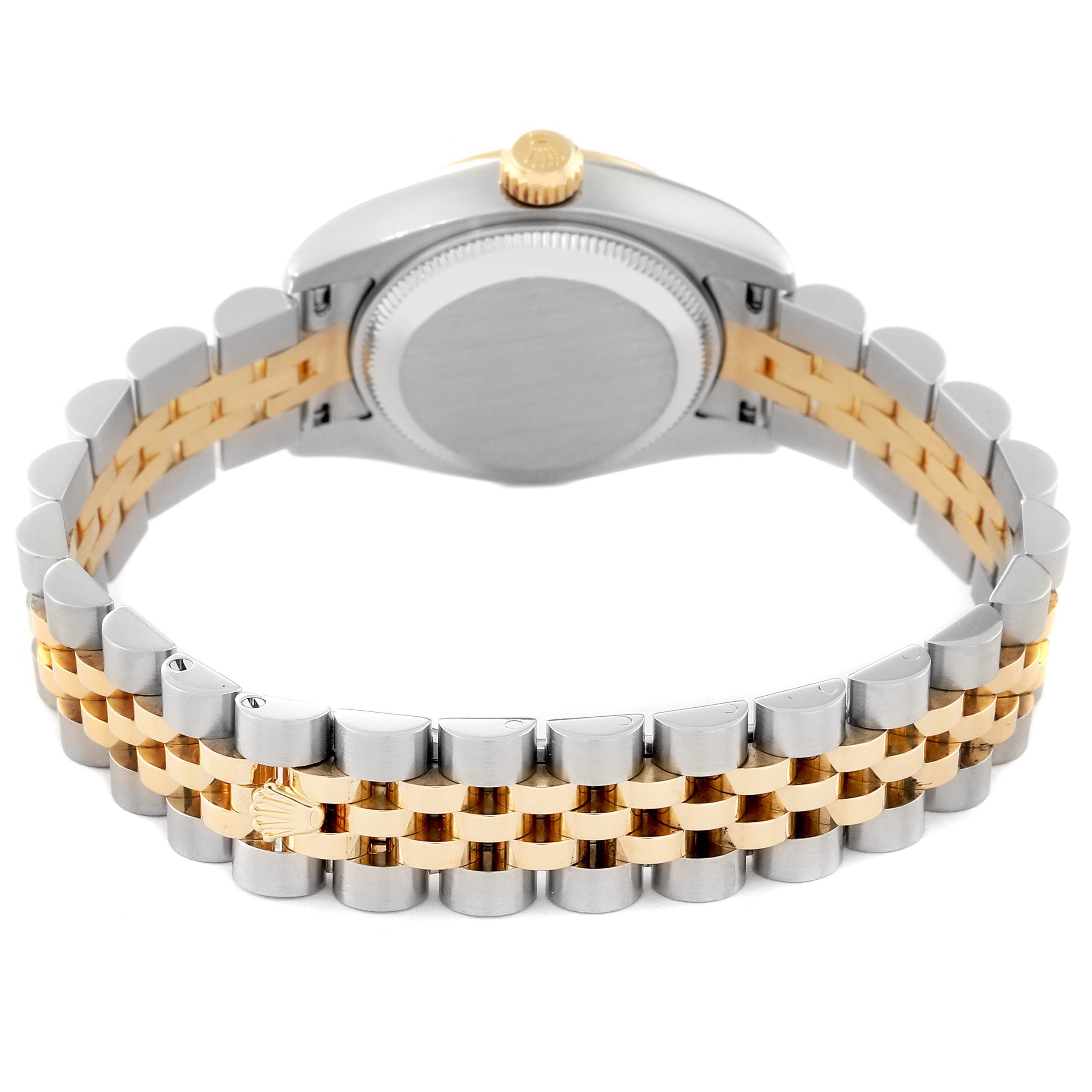 This image shows the back case and two-tone Jubilee bracelet of a Rolex Datejust 179173 Women's Steel and Gold (two tone) Black Dial 179173 Women's Steel and Gold (two tone) Black Dial watch, viewed from the rear angle.