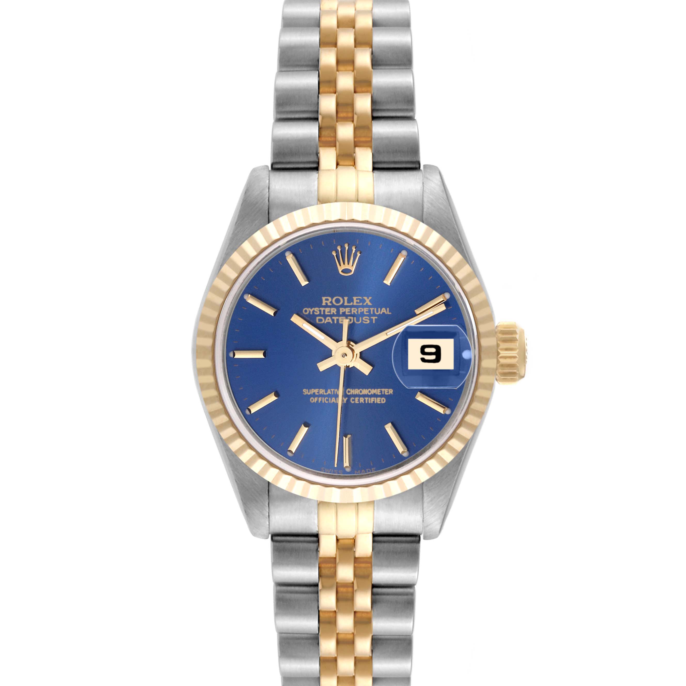 This image shows the front view of a Rolex Datejust 69173 Women's Steel and Gold (two tone) Blue Dial 69173 Women's Steel and Gold (two tone) Blue Dial watch featuring a blue dial, fluted bezel, and two-tone jubilee bracelet.