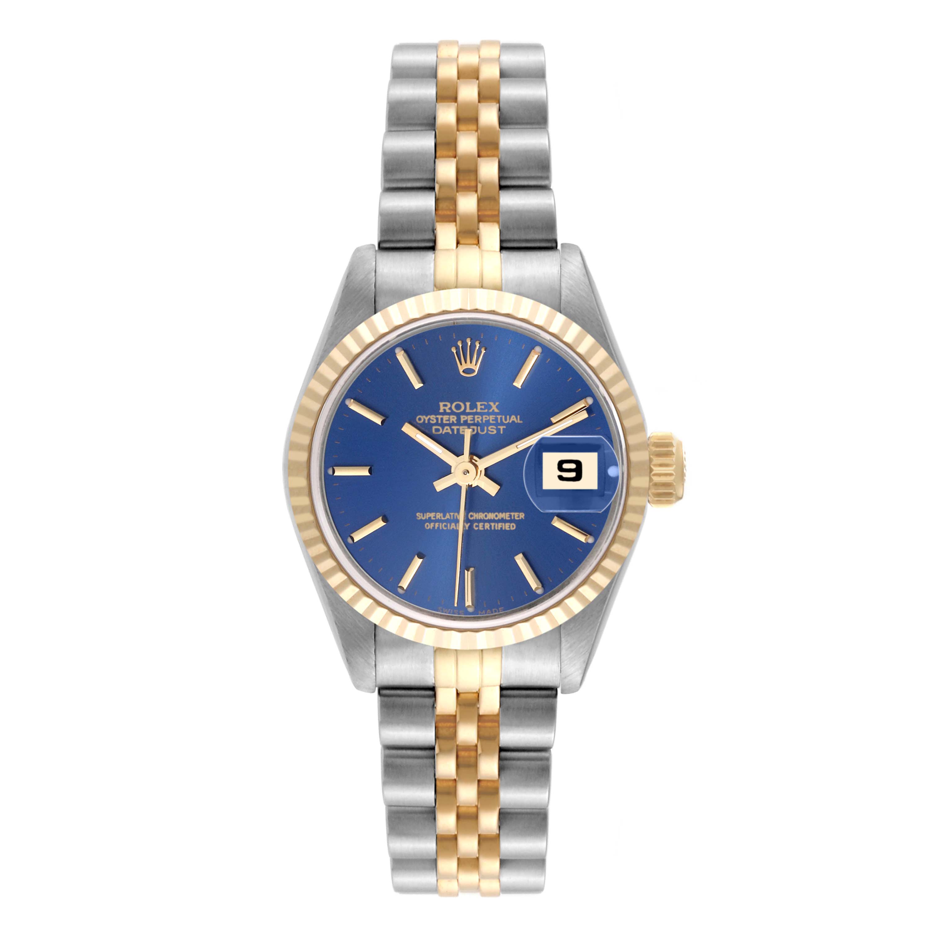 The Rolex Datejust 69173 Women's Steel and Gold (two tone) Blue Dial 69173 Women's Steel and Gold (two tone) Blue Dial watch is shown from a top-down angle, displaying its blue dial, steel and gold bracelet, and date window.