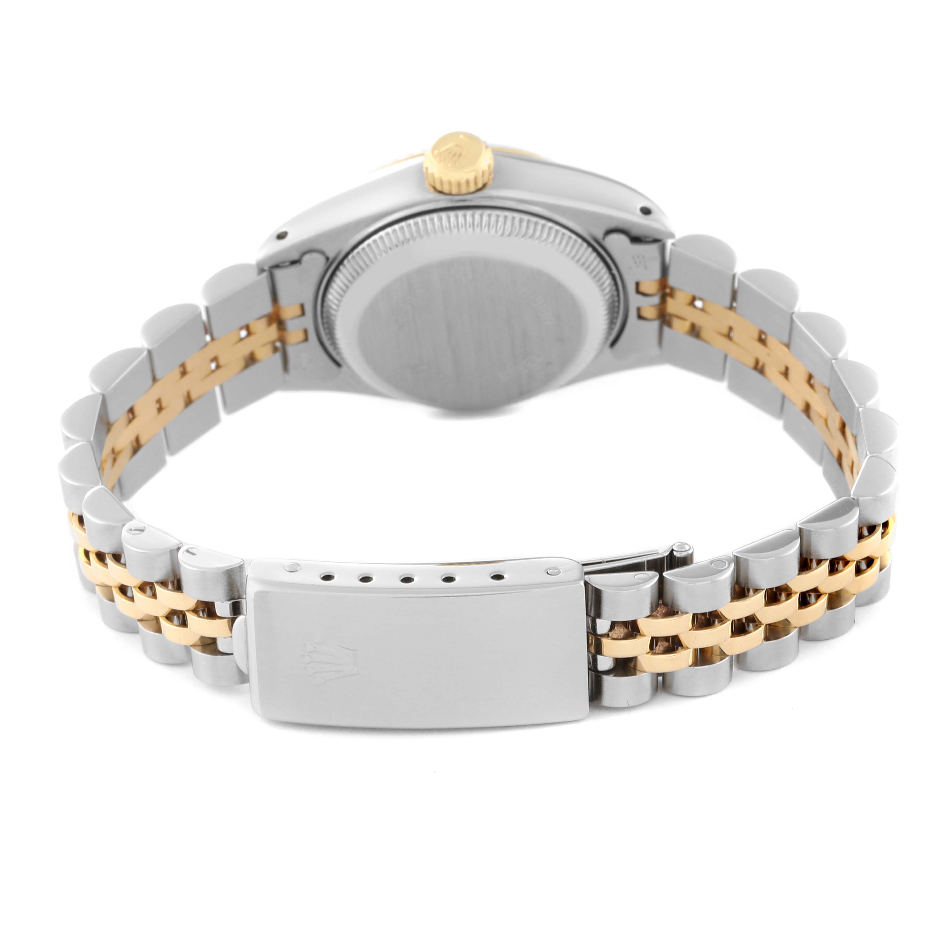 This image shows the back view of a Rolex Datejust 69173 Women's Steel and Gold (two tone) Blue Dial 69173 Women's Steel and Gold (two tone) Blue Dial watch, highlighting the case back and two-tone bracelet.
