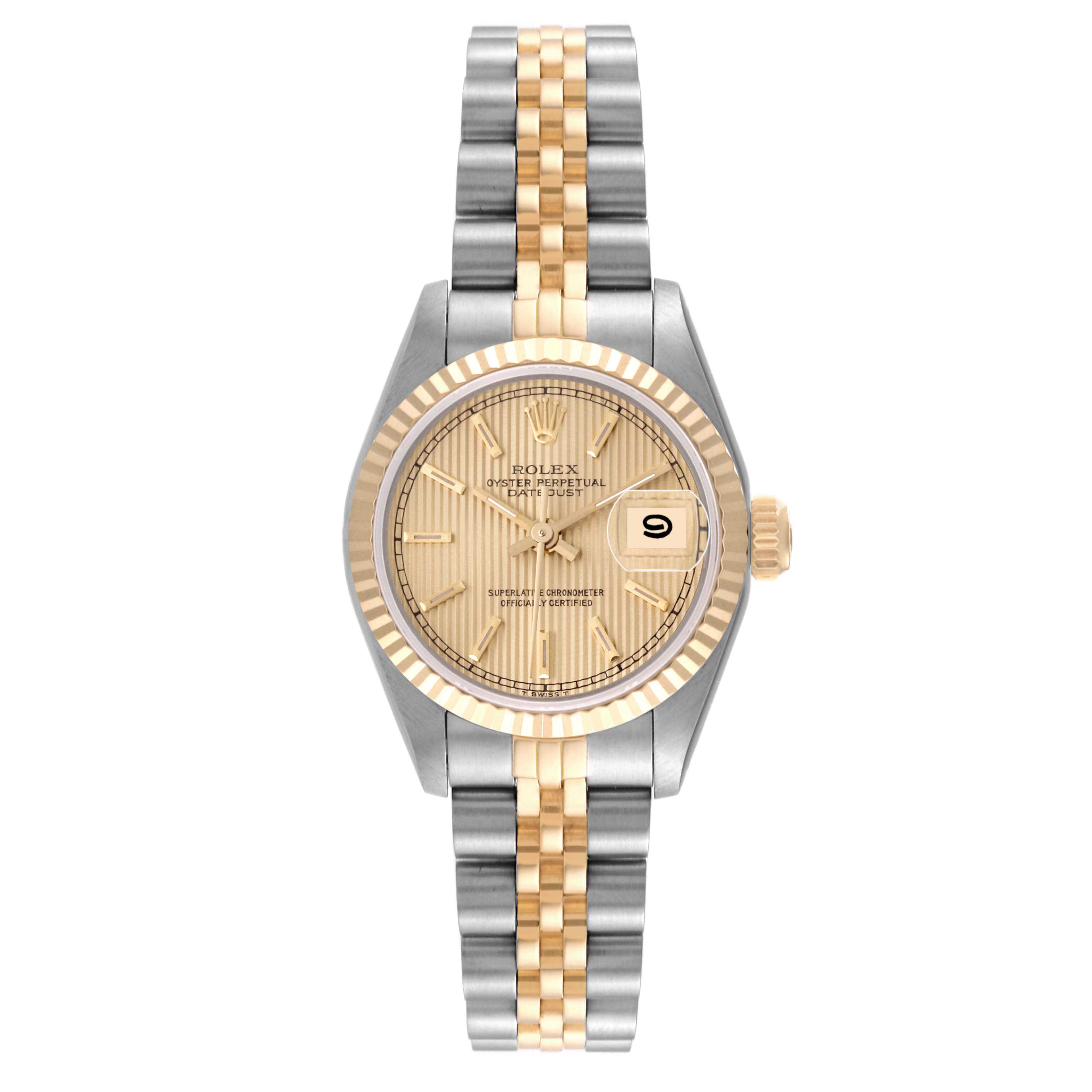 This image shows a Rolex Datejust 69173 Women's Steel and Gold (two tone) Champagne Dial 69173 Women's Steel and Gold (two tone) Champagne Dial watch from a top-down angle, highlighting its face, bezel, and two-tone bracelet.