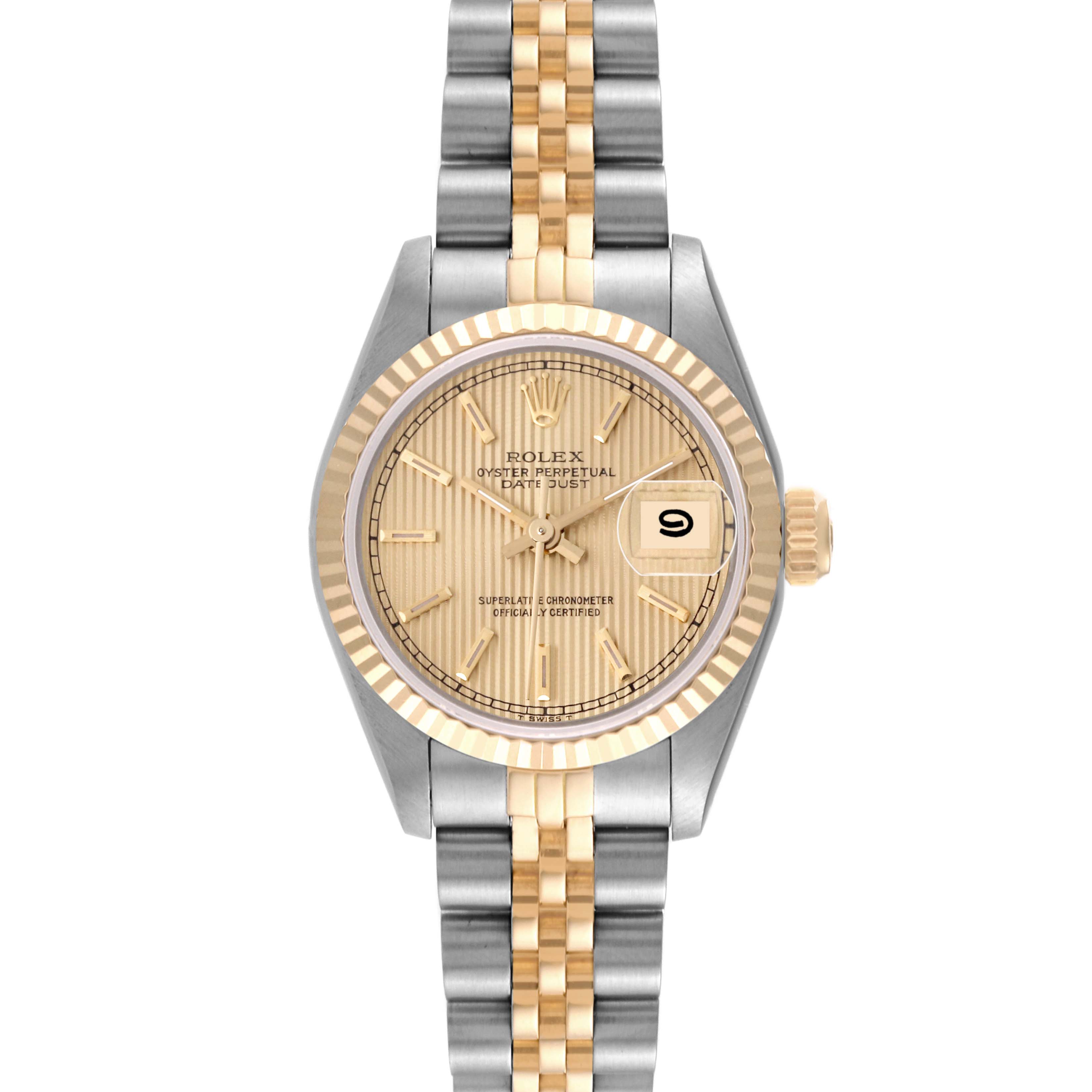 This image shows a front view of a Rolex Datejust 69173 Women's Steel and Gold (two tone) Champagne Dial 69173 Women's Steel and Gold (two tone) Champagne Dial watch, displaying the dial, bezel, hands, date, and bracelet.