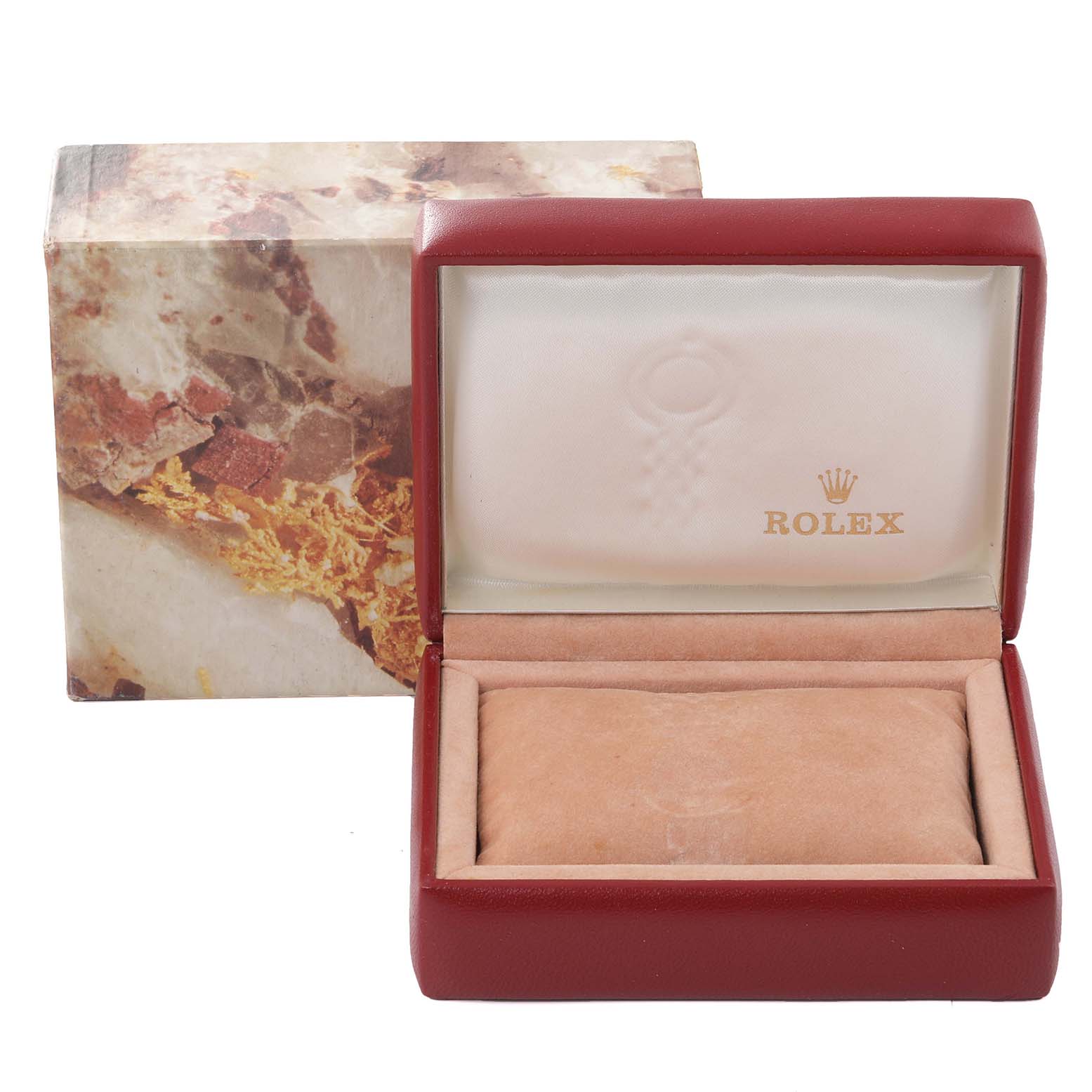 The image shows an open Rolex Datejust 69173 Women's Steel and Gold (two tone) Champagne Dial 69173 Women's Steel and Gold (two tone) Champagne Dial watch box with a cushioned interior, and the branded outer box slightly behind it.