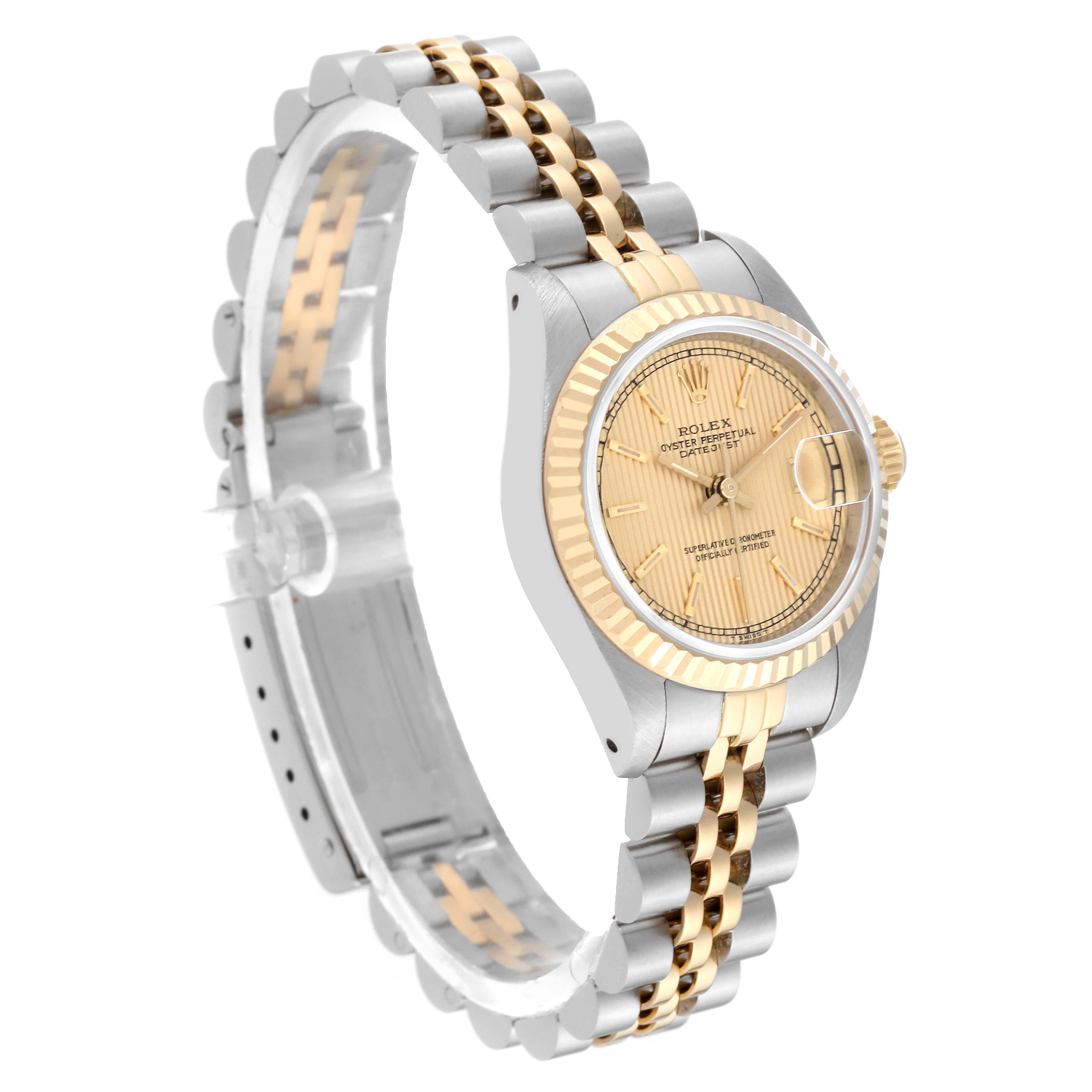 This image shows a Rolex Datejust 69173 Women's Steel and Gold (two tone) Champagne Dial 69173 Women's Steel and Gold (two tone) Champagne Dial watch at a slight angle, displaying its dual-tone bracelet, case, and dial with the date window.