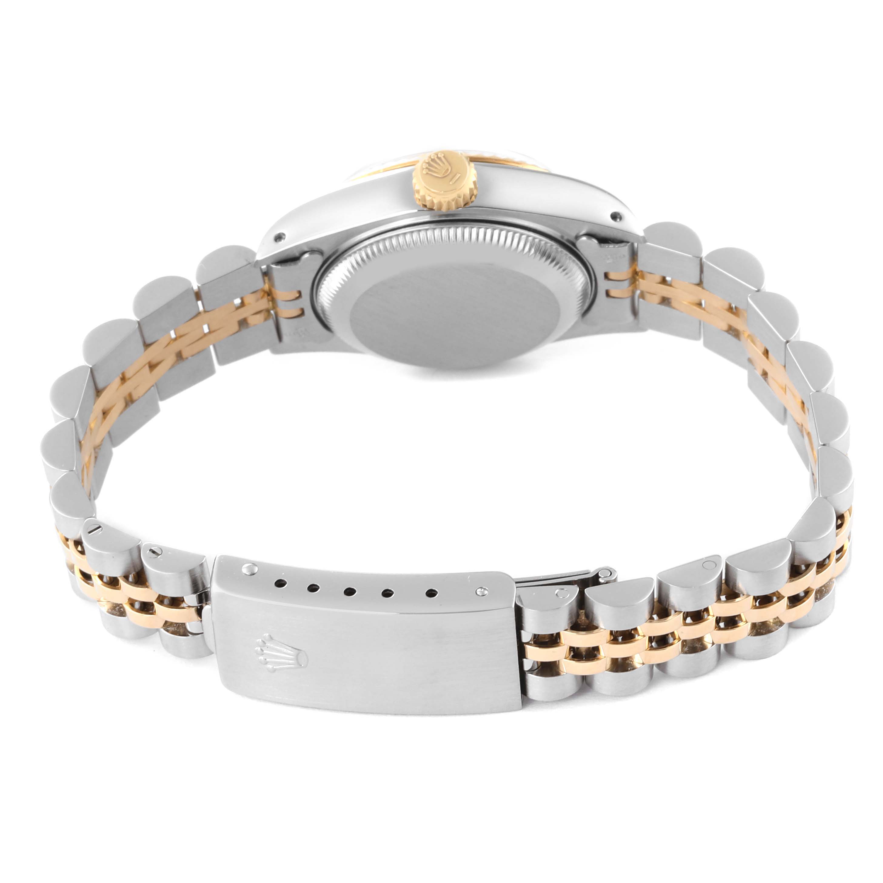 This image shows the back view of a Rolex Datejust 69173 Women's Steel and Gold (two tone) Champagne Dial 69173 Women's Steel and Gold (two tone) Champagne Dial watch, focusing on the bracelet, clasp, and case back.