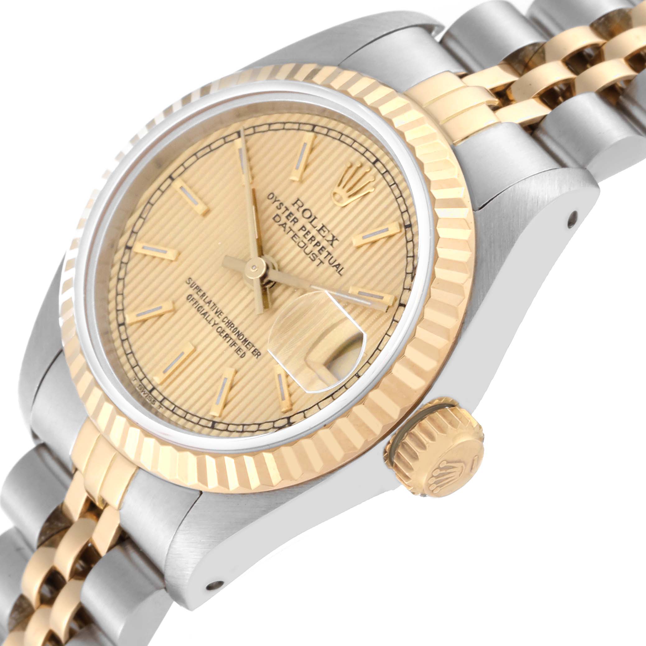 The image shows the side angle of a Rolex Datejust 69173 Women's Steel and Gold (two tone) Champagne Dial 69173 Women's Steel and Gold (two tone) Champagne Dial watch highlighting the crown, bezel, dial, and part of the bracelet.