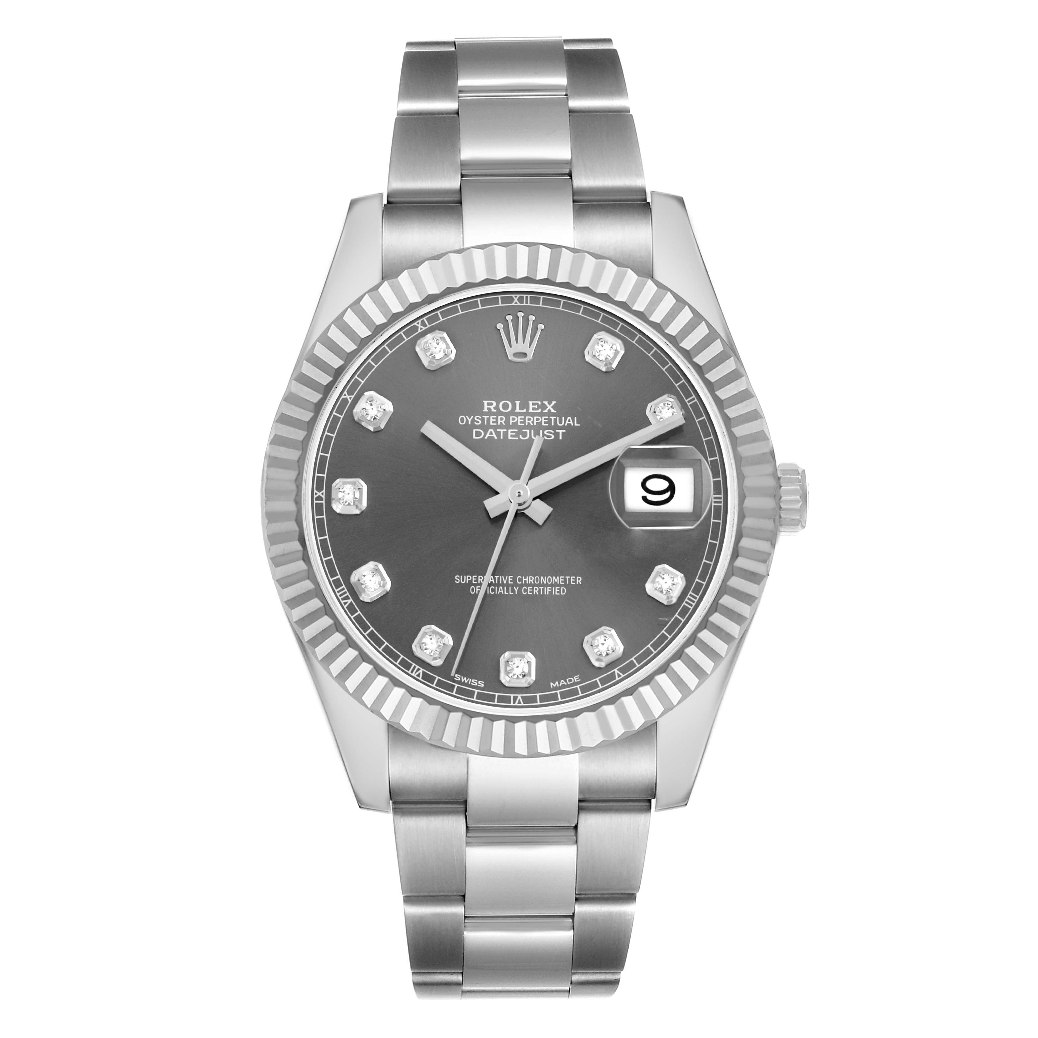 The Rolex Datejust 41 116334 Men's Stainless Steel Silver Dial is shown from a front angle, highlighting its dial, fluted bezel, bracelet, and date window.