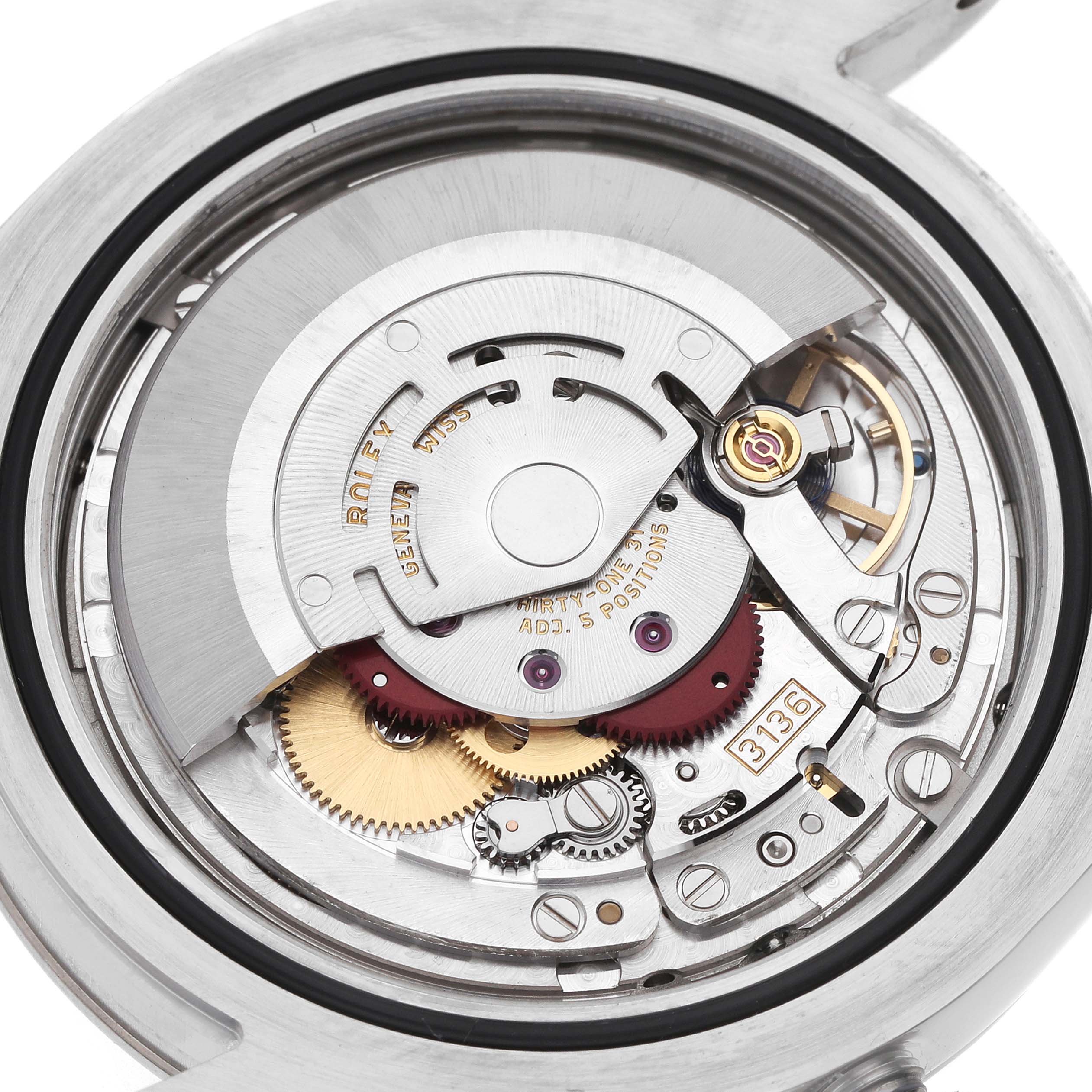 This image shows the movement of a Rolex Datejust 41 116334 Men's Stainless Steel Silver Dial, highlighting internal mechanical parts from a rear angle.
