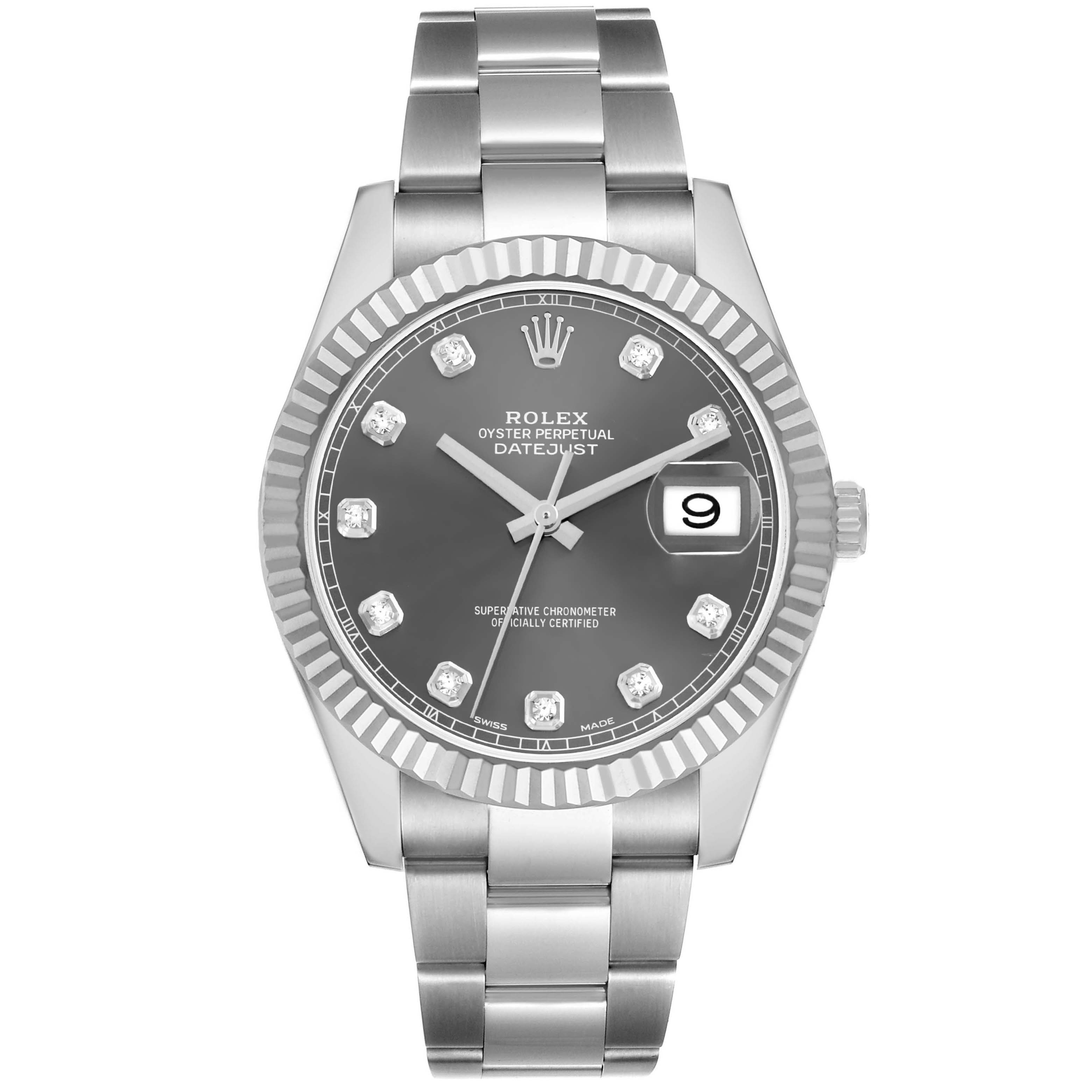 The Rolex Datejust 41 116334 Men's Stainless Steel Grey Dial watch is shown from a front angle, displaying the dial, bezel, and bracelet.