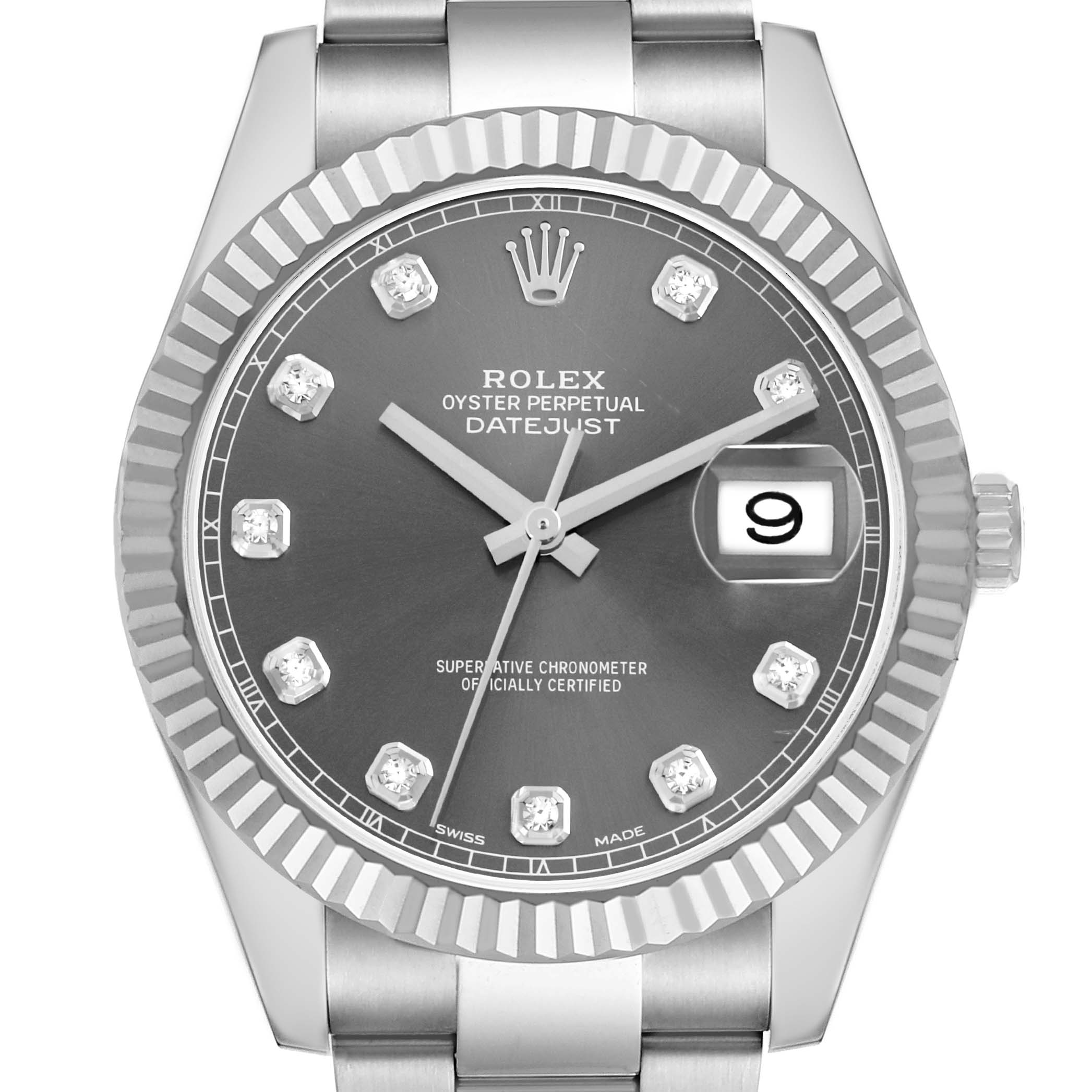 The Rolex Datejust 41 116334 Men's Stainless Steel Silver Dial is shown from a top view, displaying the dial, bezel, and part of the bracelet.