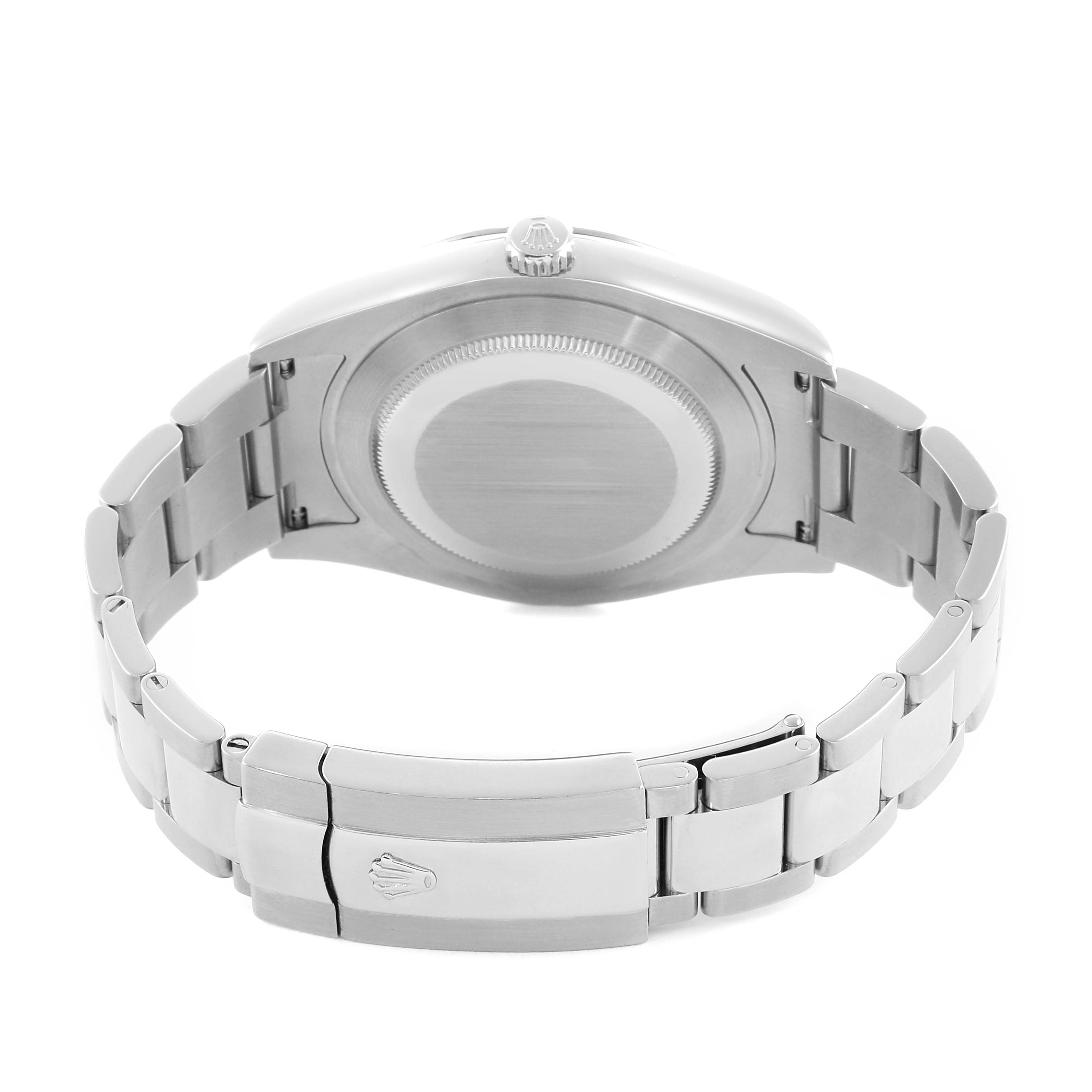 The image shows the back of the Rolex Datejust 41 116334 Men's Stainless Steel Silver Dial, highlighting the case back, bracelet, and clasp.