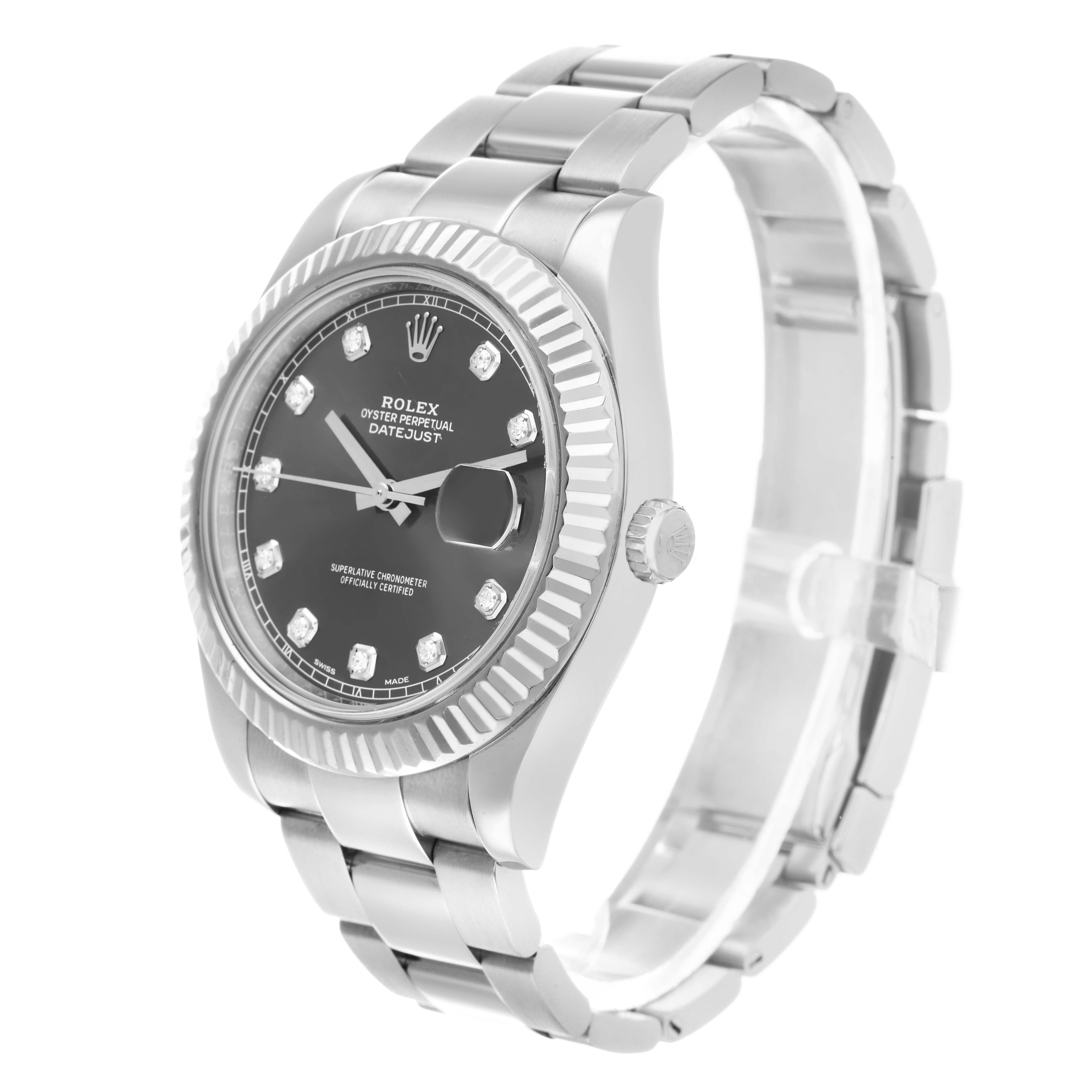 The Rolex Datejust 41 116334 Men's Stainless Steel Grey Dial is shown at an angled side view, highlighting the watch face, fluted bezel, and metal bracelet.
