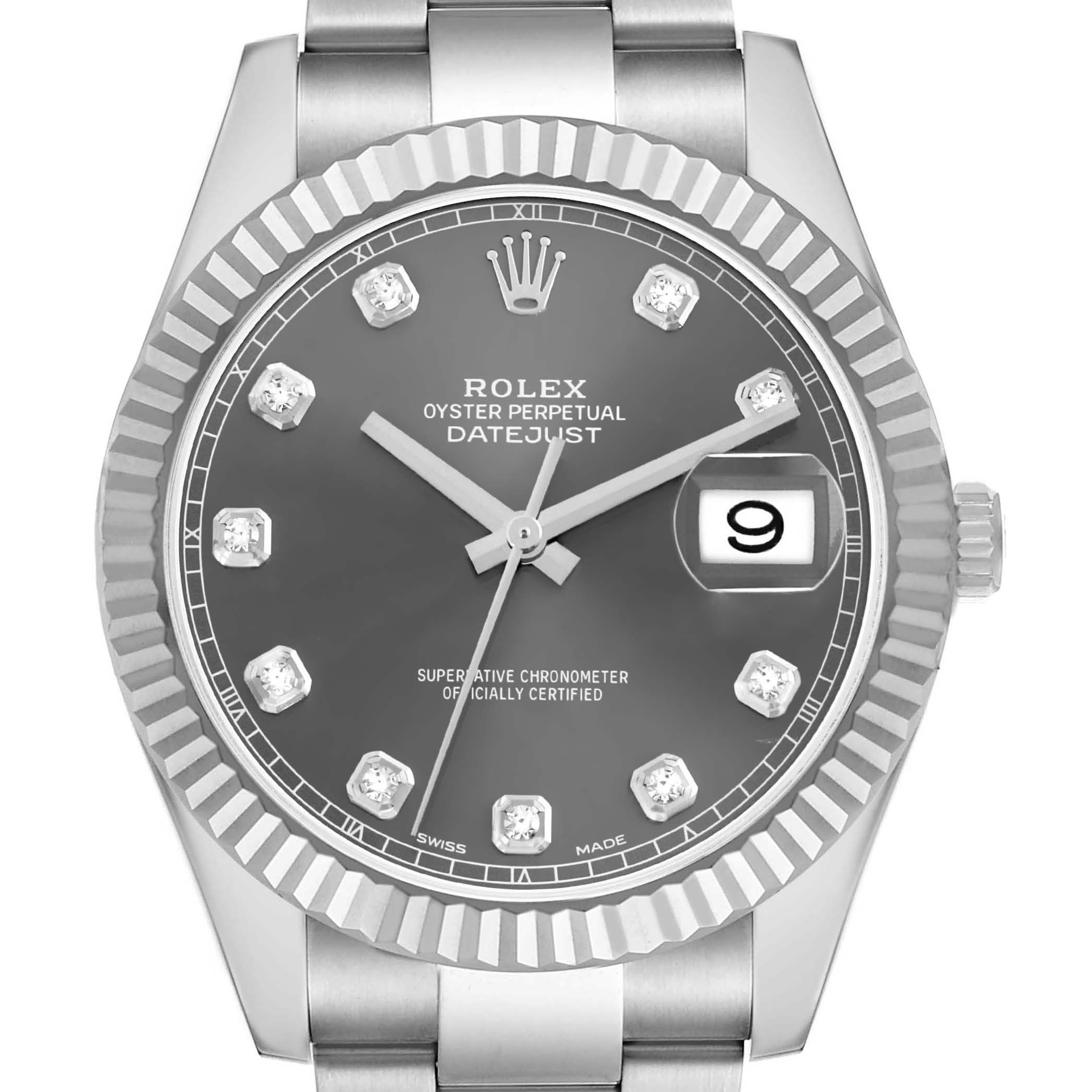 The Rolex Datejust 41 116334 Men's Stainless Steel Grey Dial is shown from a front angle, highlighting its dial, fluted bezel, and bracelet.