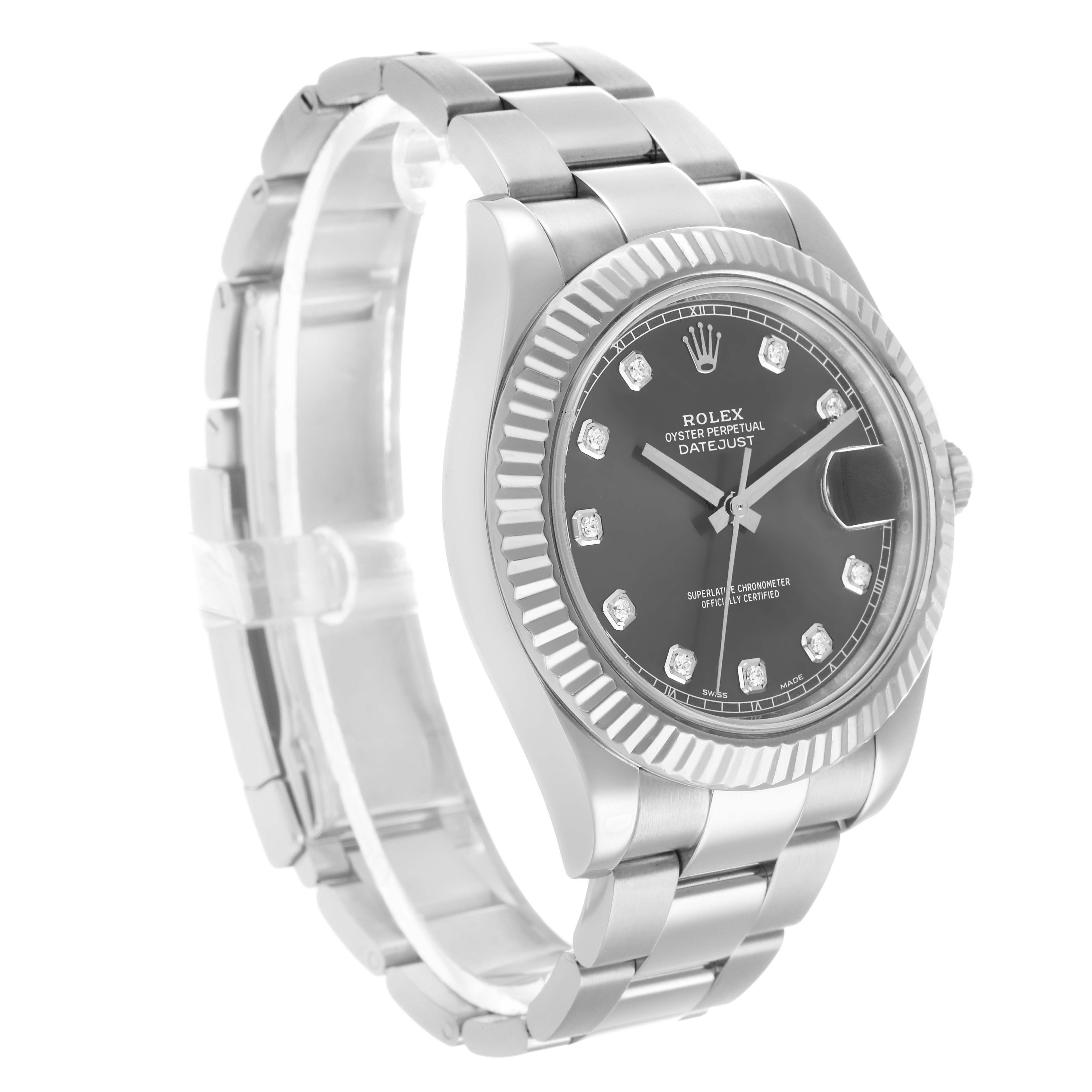 The Rolex Datejust 41 116334 Men's Stainless Steel Grey Dial is shown at a three-quarter angle, highlighting the dial, bezel, and bracelet.