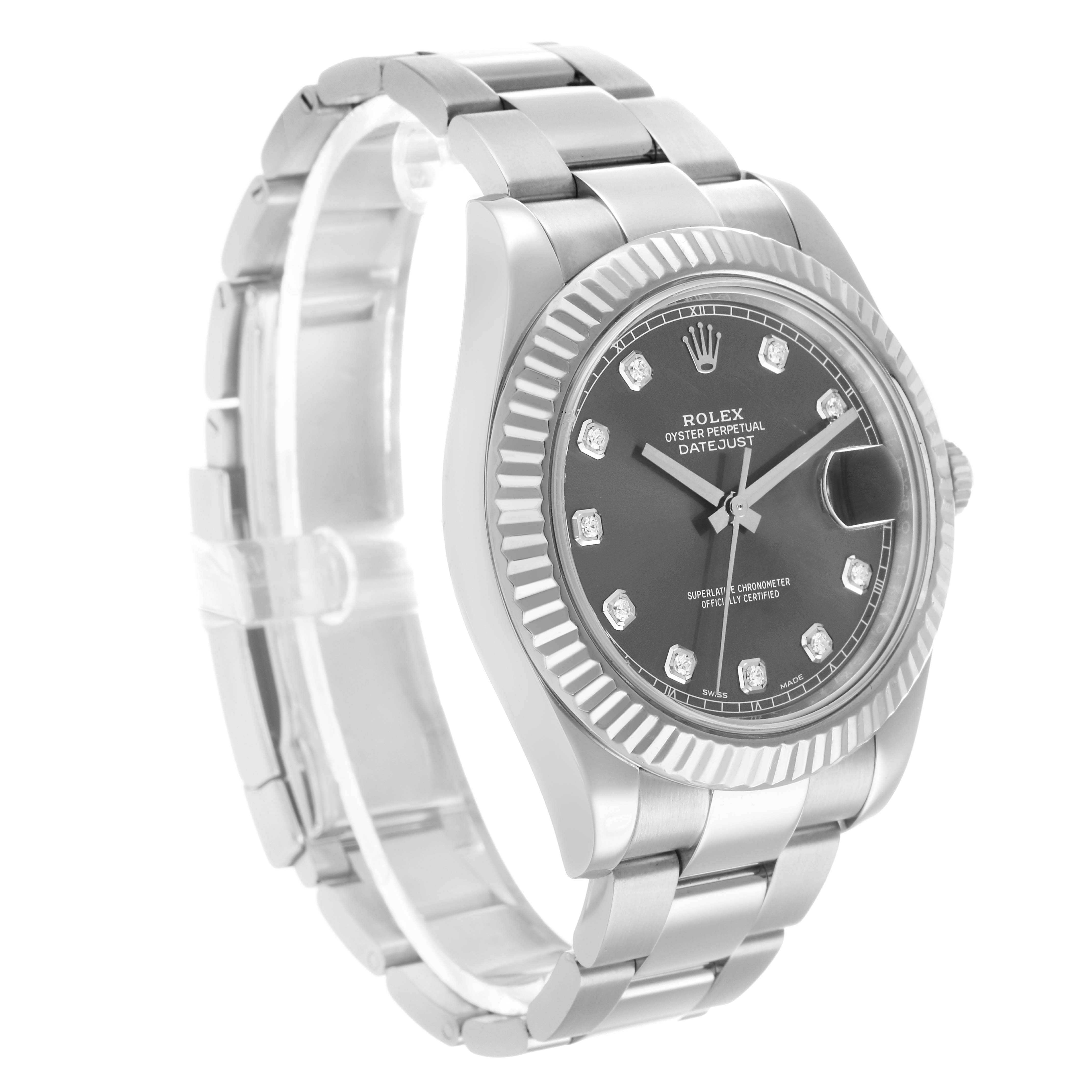The Rolex Datejust 41 116334 Men's Stainless Steel Silver Dial is shown at a slight angled view, highlighting the dial, bezel, crown, and part of the bracelet.