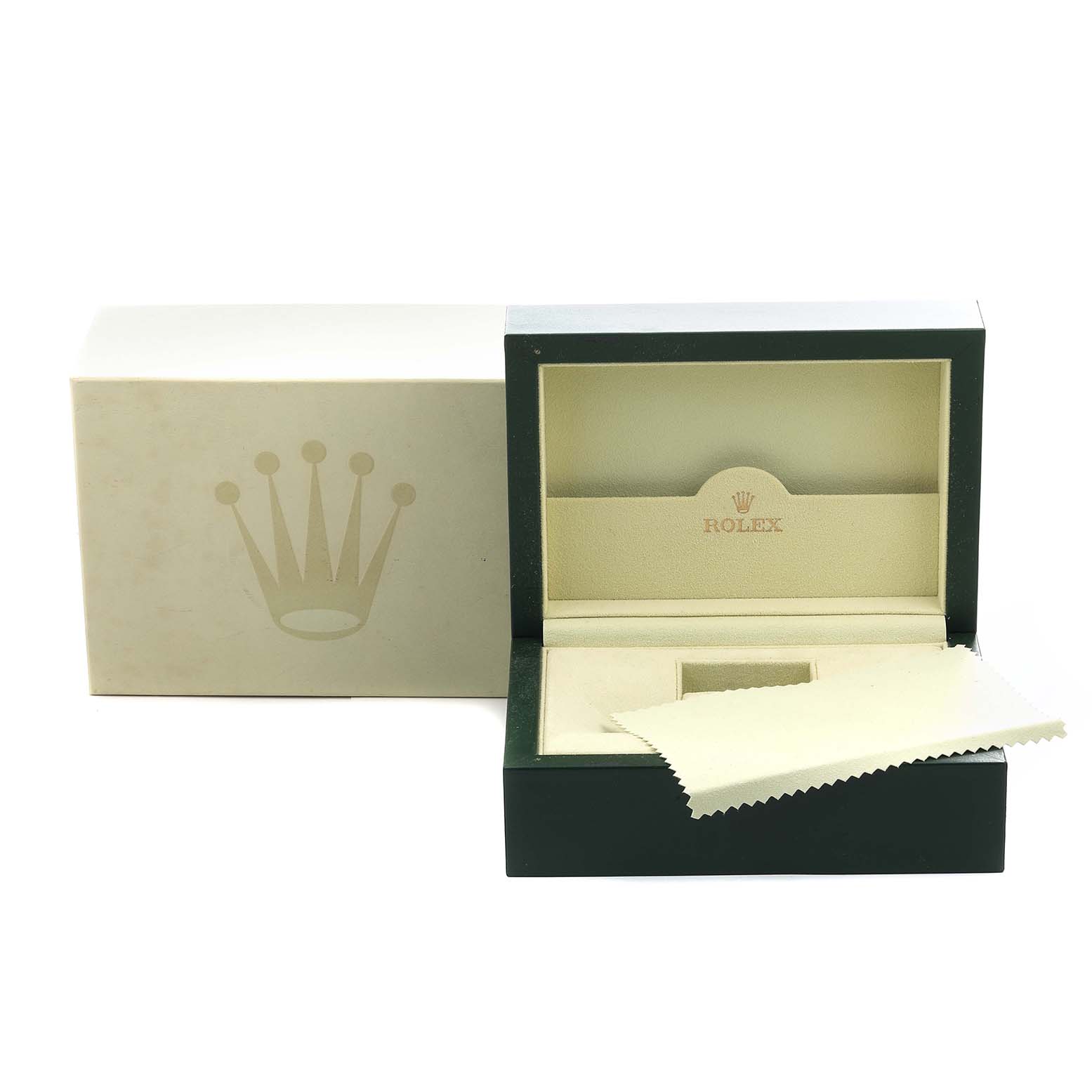 The image shows the box and cleaning cloth for a Rolex Datejust 41 116334 Men's Stainless Steel Silver Dial watch.