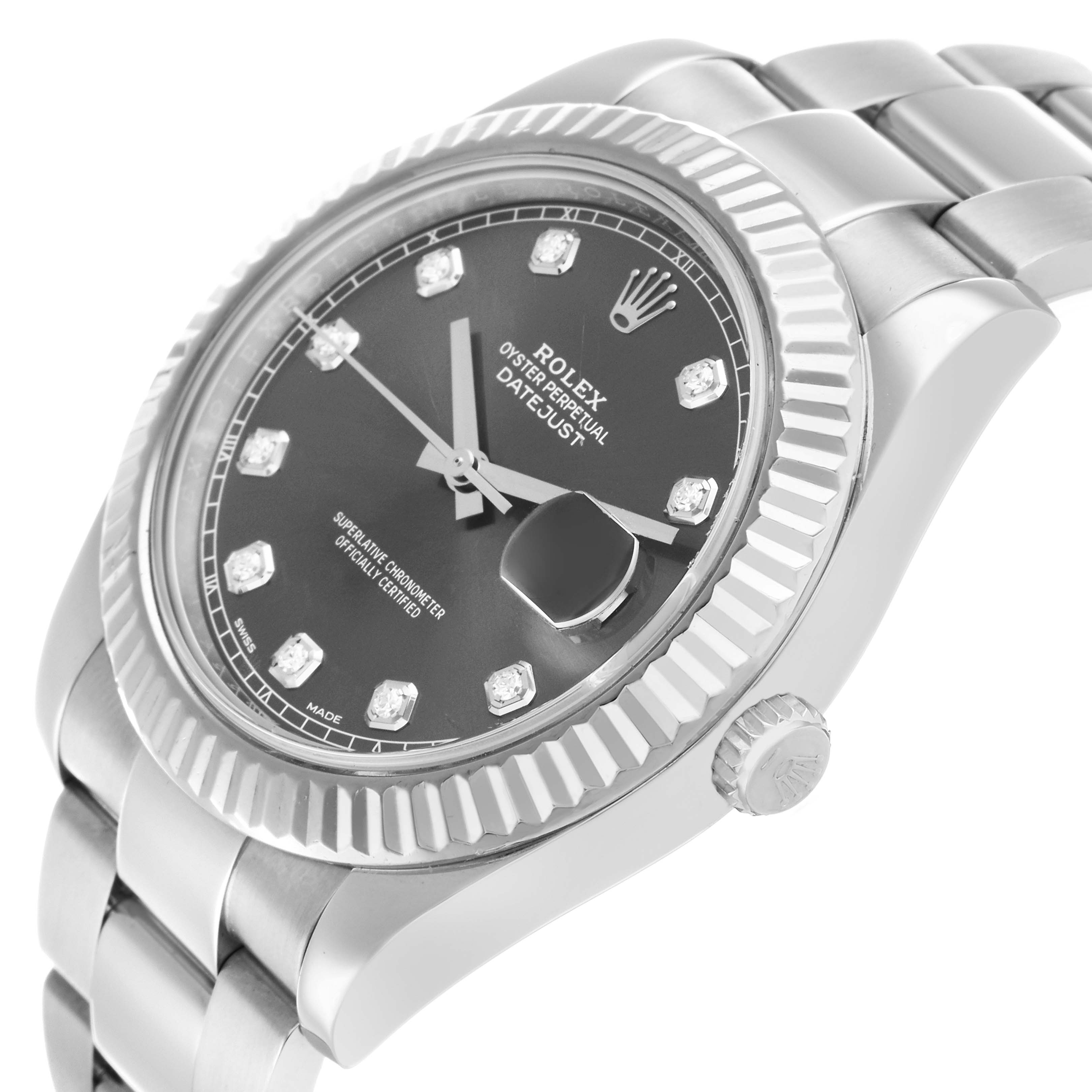 The Rolex Datejust 41 116334 Men's Stainless Steel Silver Dial is shown at a three-quarter angle, highlighting the bezel, dial, crown, and bracelet.