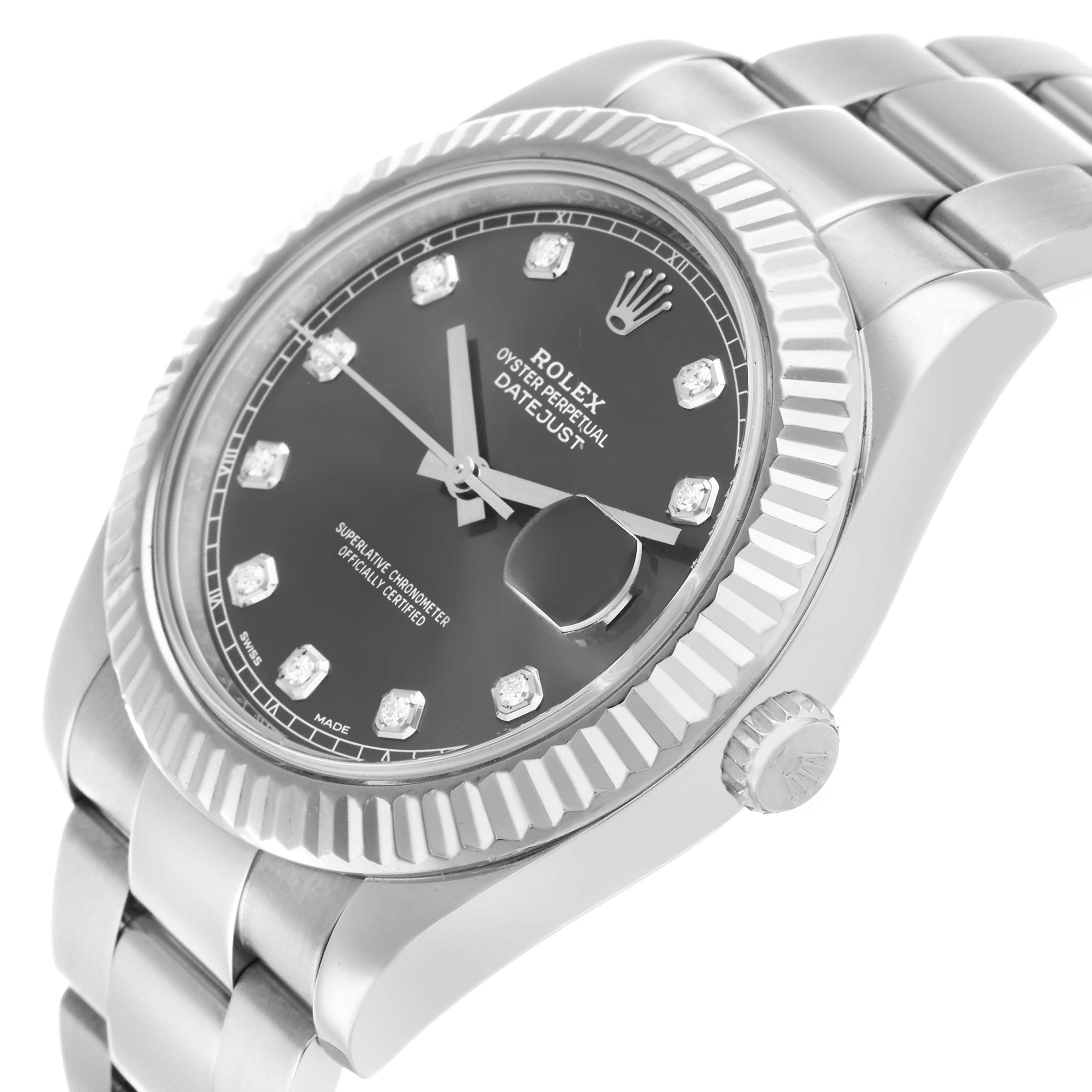 The Rolex Datejust 41 116334 Men's Stainless Steel Grey Dial is shown at a slight angle, highlighting the bezel, crown, and bracelet.