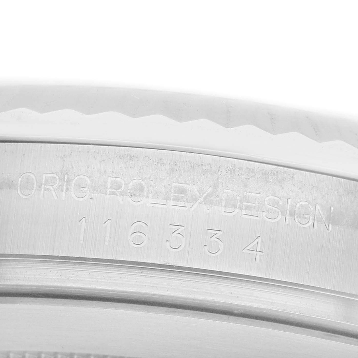 The image shows the engraved side of a Rolex Datejust 41 116334 Men's Stainless Steel Grey Dial watch, highlighting the "Orig Rolex Design" and model number.