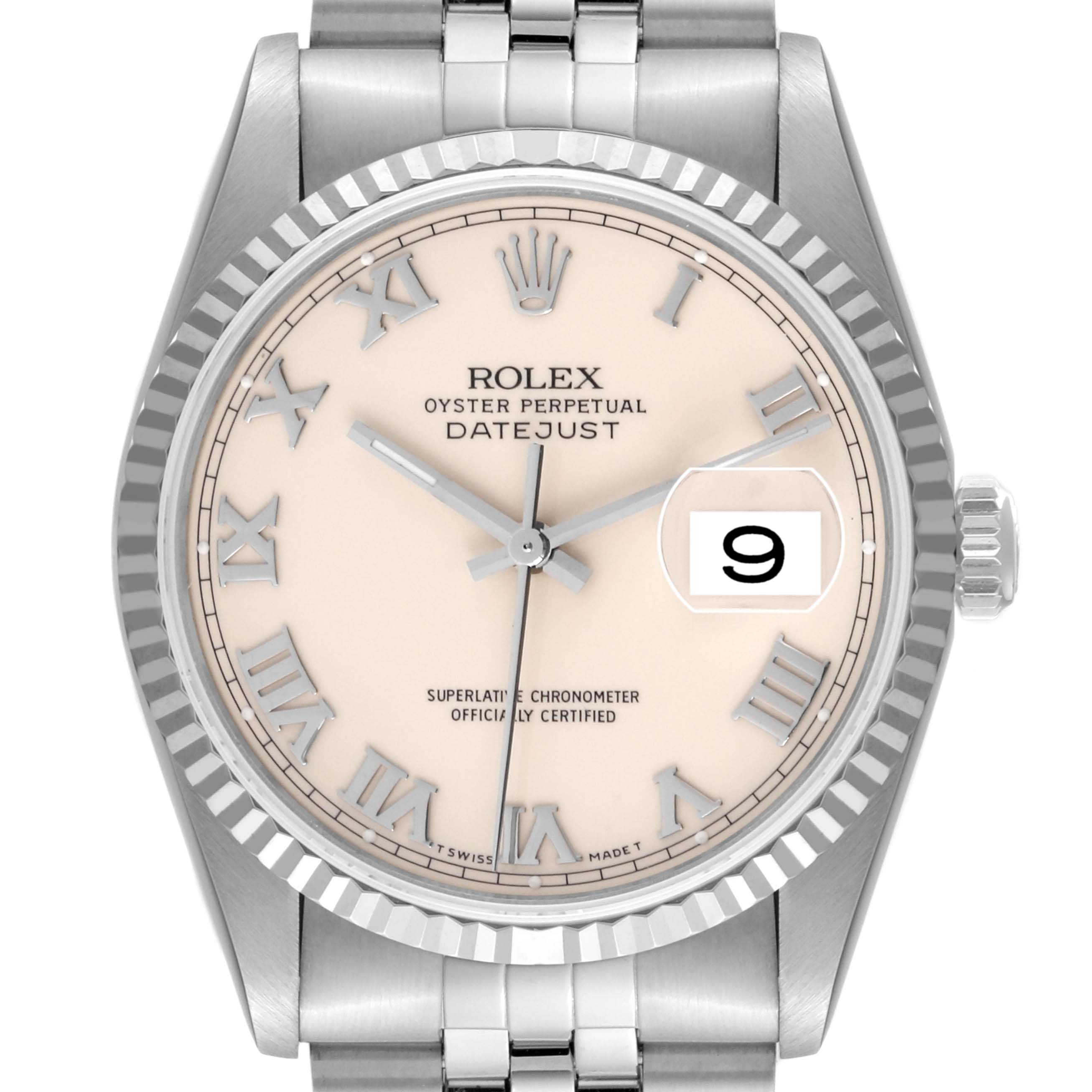 This image shows a front view of the Rolex Datejust 16234 Men
s Stainless Steel White Dial 16234 Men
s Stainless Steel White Dial watch, highlighting its dial, bezel, and bracelet.