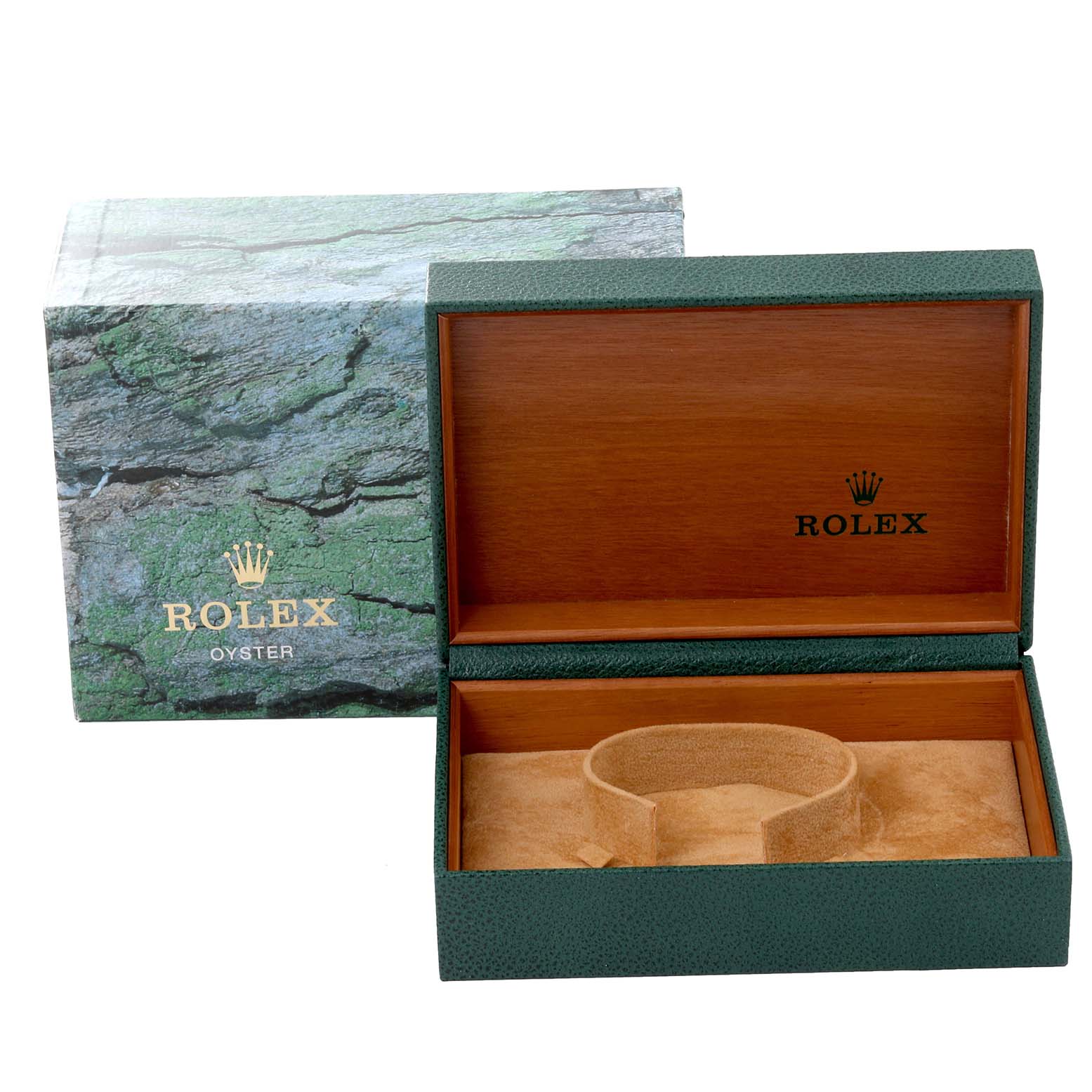 This image shows an open Rolex box with green and wood interior for the Datejust model, including the outer box.