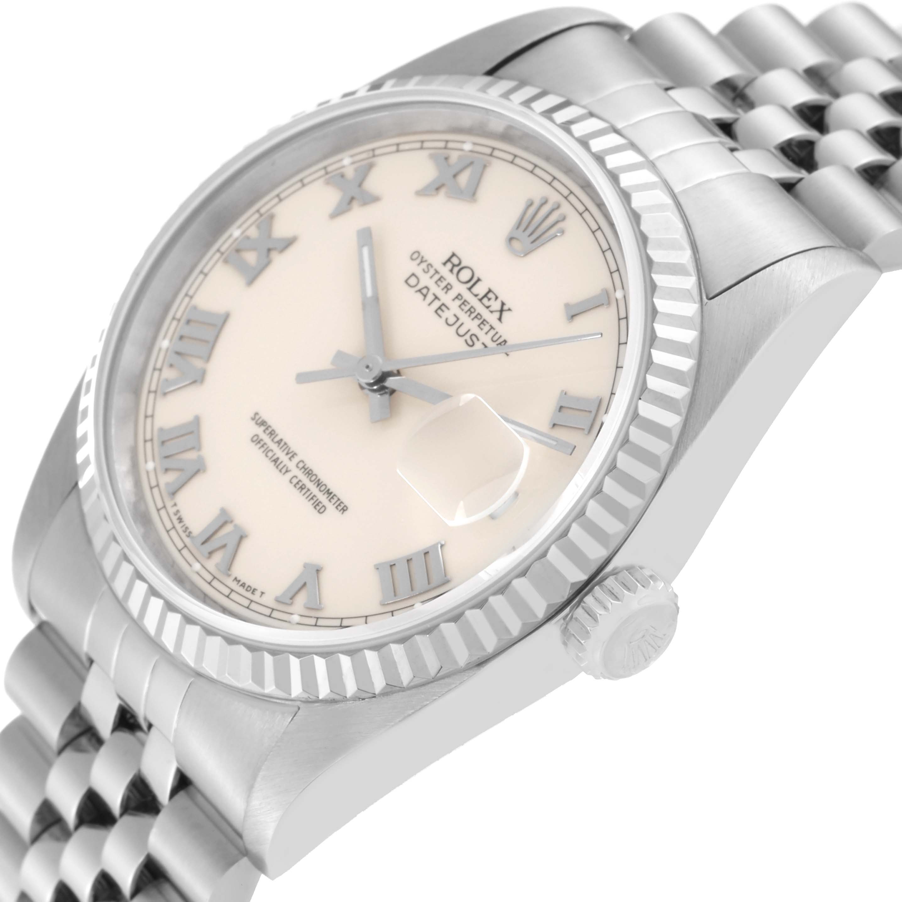 The image shows a close-up angled view of a Rolex Datejust 16234 Men
s Stainless Steel White Dial 16234 Men
s Stainless Steel White Dial watch, highlighting the dial, bezel, crown, and part of the bracelet.