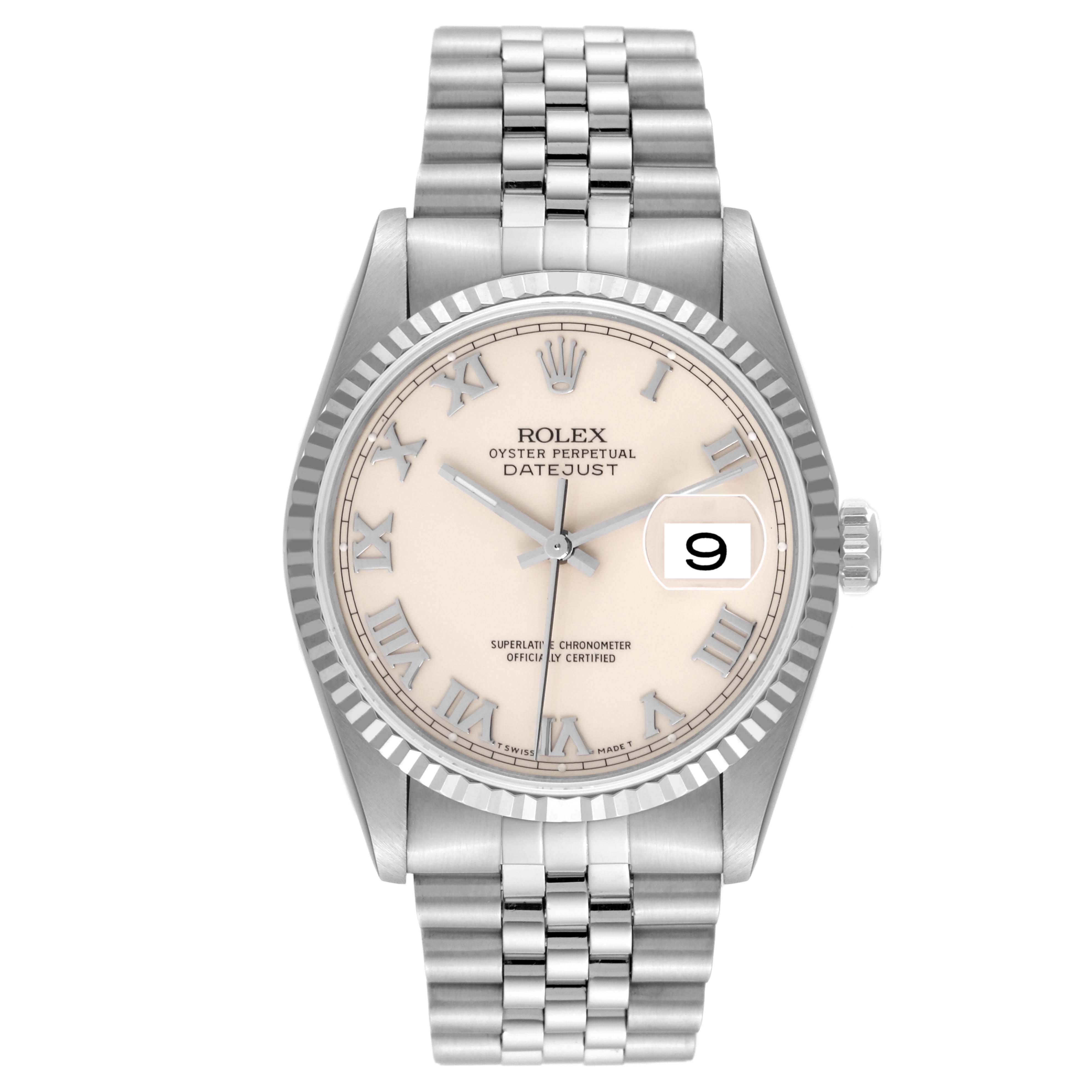 The image shows a front view of a Rolex Datejust 16234 Men
s Stainless Steel White Dial 16234 Men
s Stainless Steel White Dial watch with a silver bracelet and a white dial featuring Roman numerals.